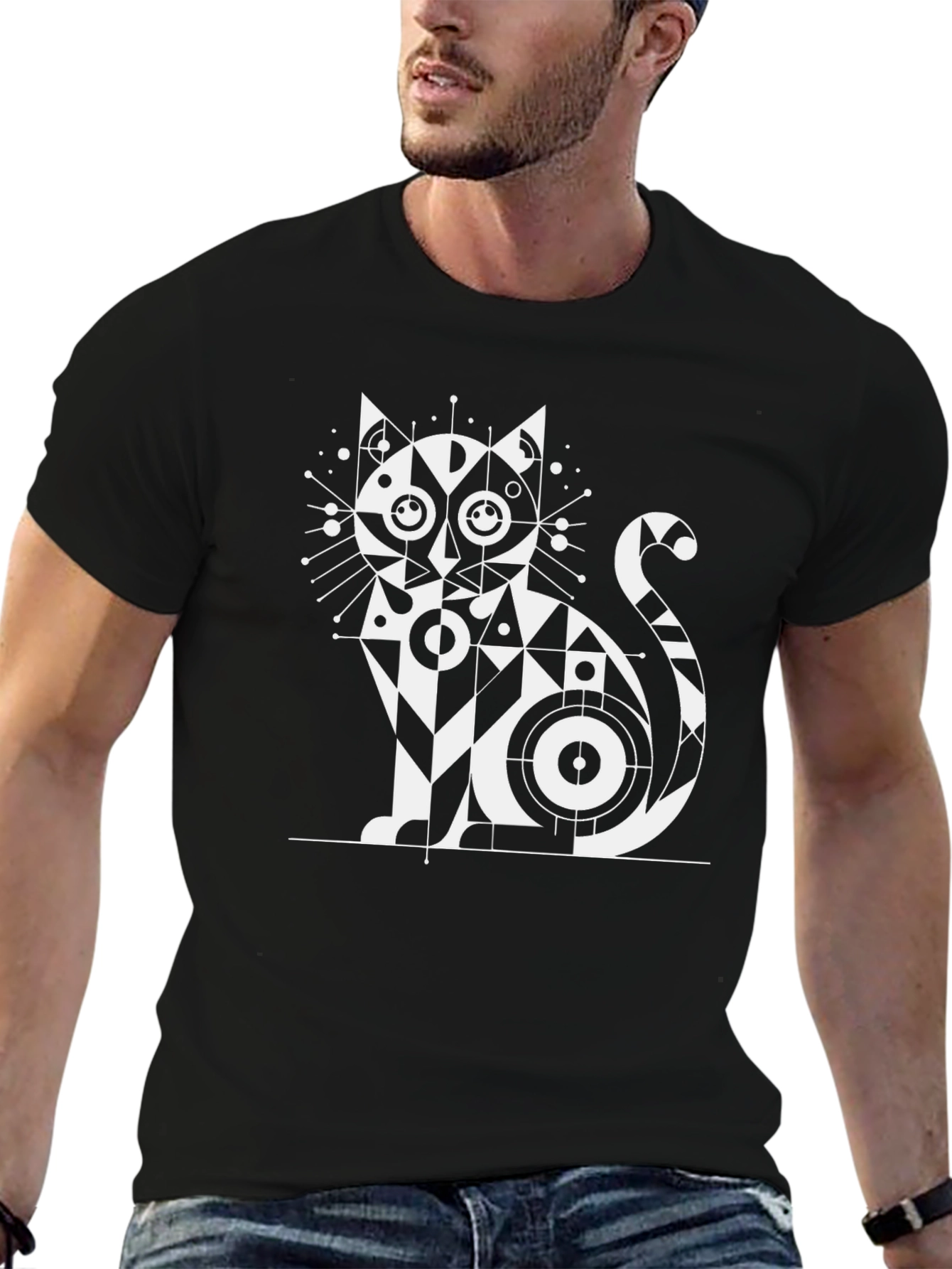 Geometric Cat Graphic T-Shirt - Modern Black Tee