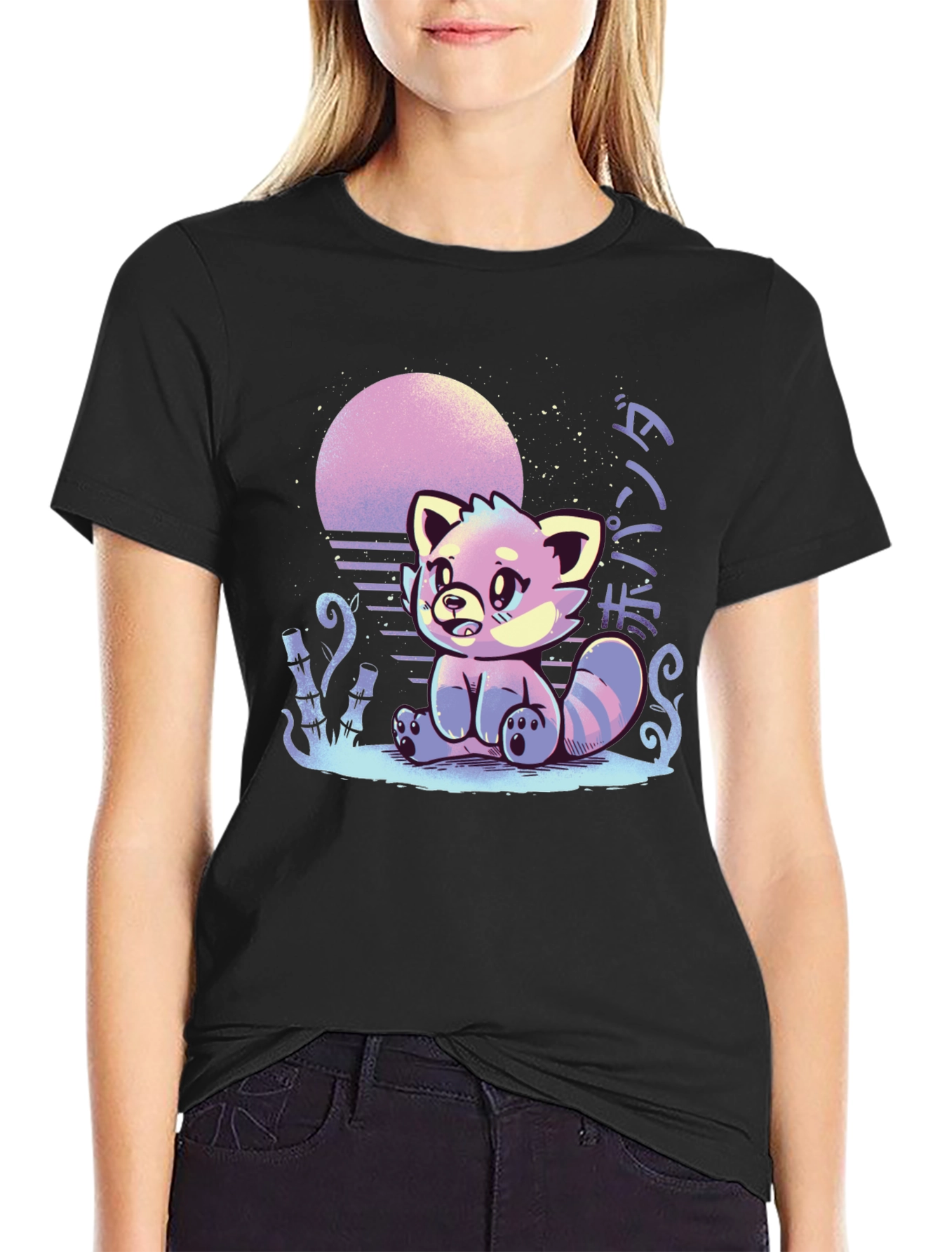 Red Panda Sunset Graphic Tee - Black Cotton T-Shirt