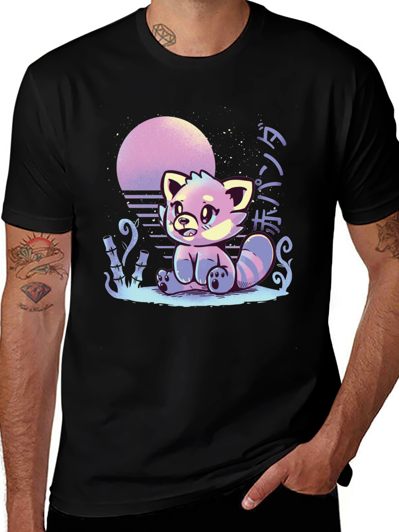 Red Panda Sunset Graphic Tee - Black Cotton T-Shirt