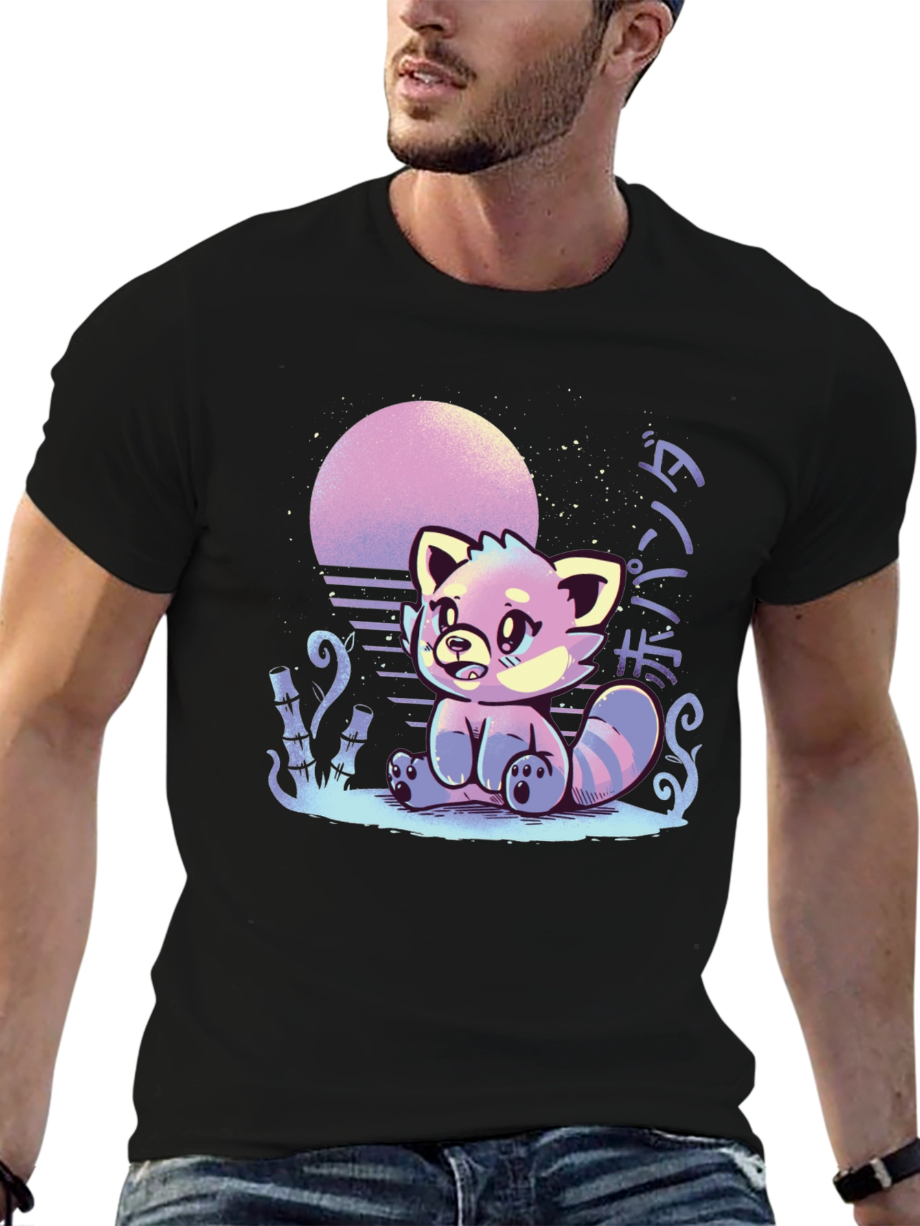 Red Panda Sunset Graphic Tee - Black Cotton T-Shirt