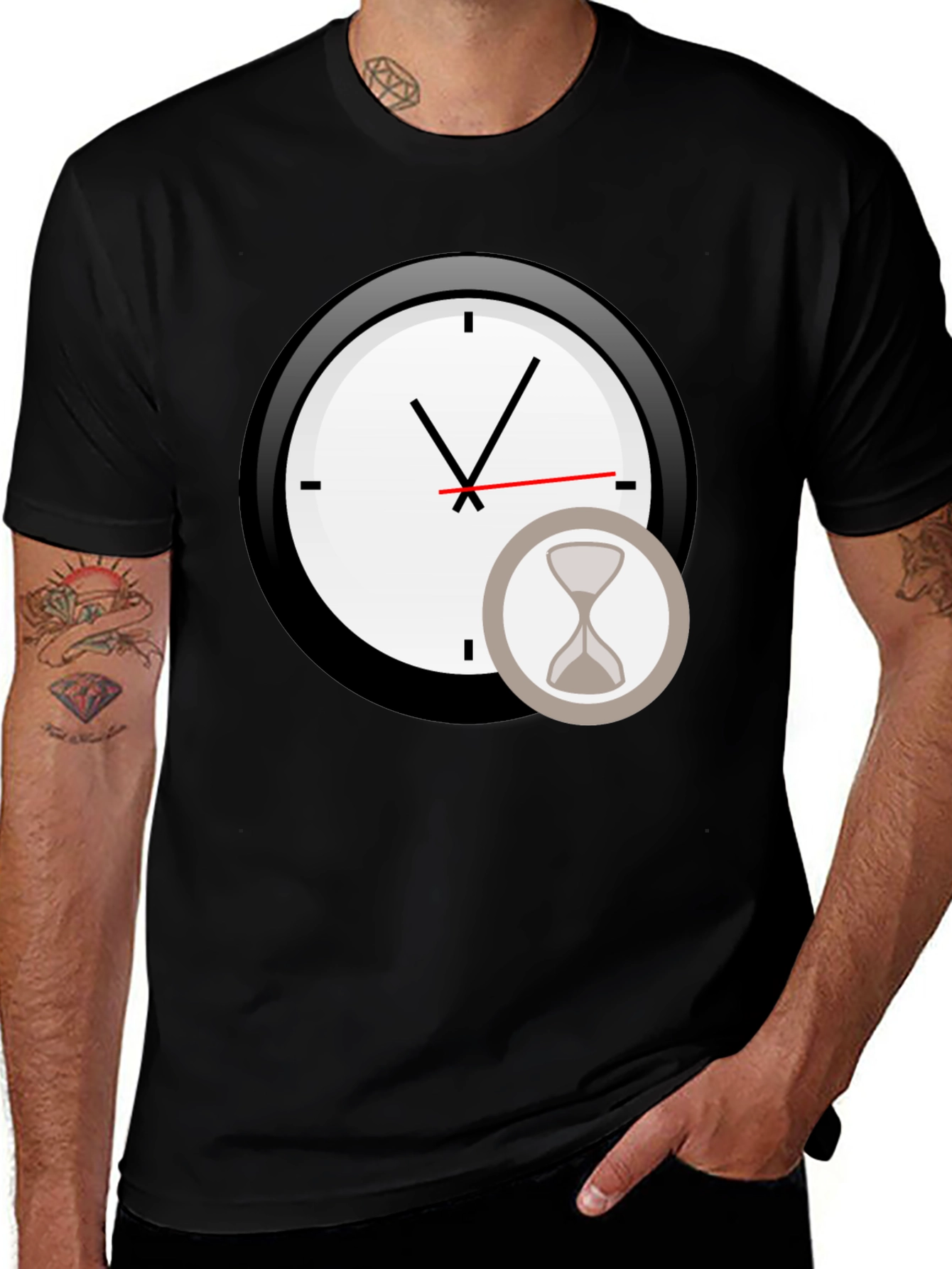 Mens Black Clock & Hourglass Graphic Tee