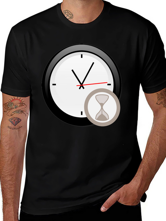 Mens Black Clock & Hourglass Graphic Tee