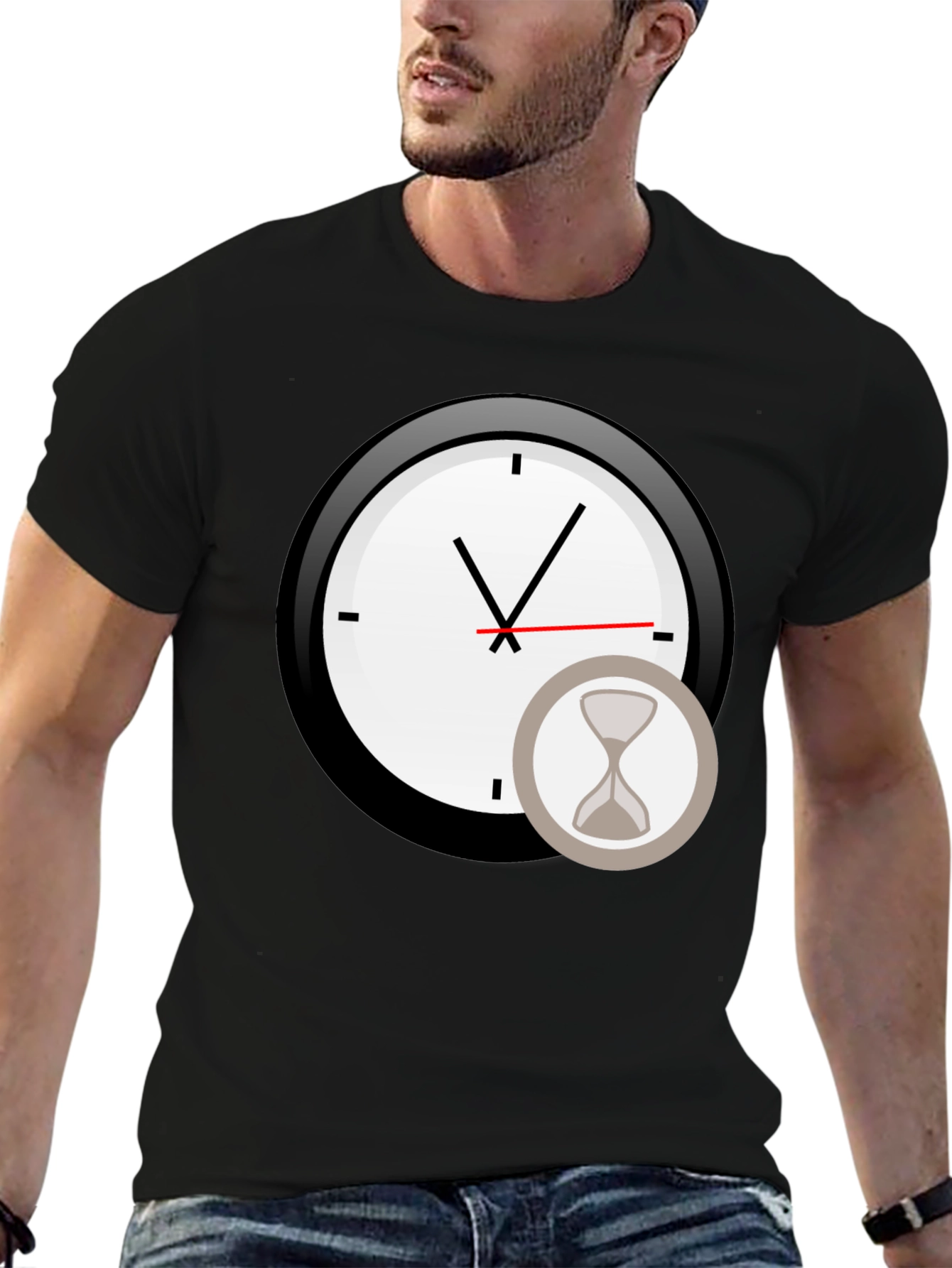 Mens Black Clock & Hourglass Graphic Tee