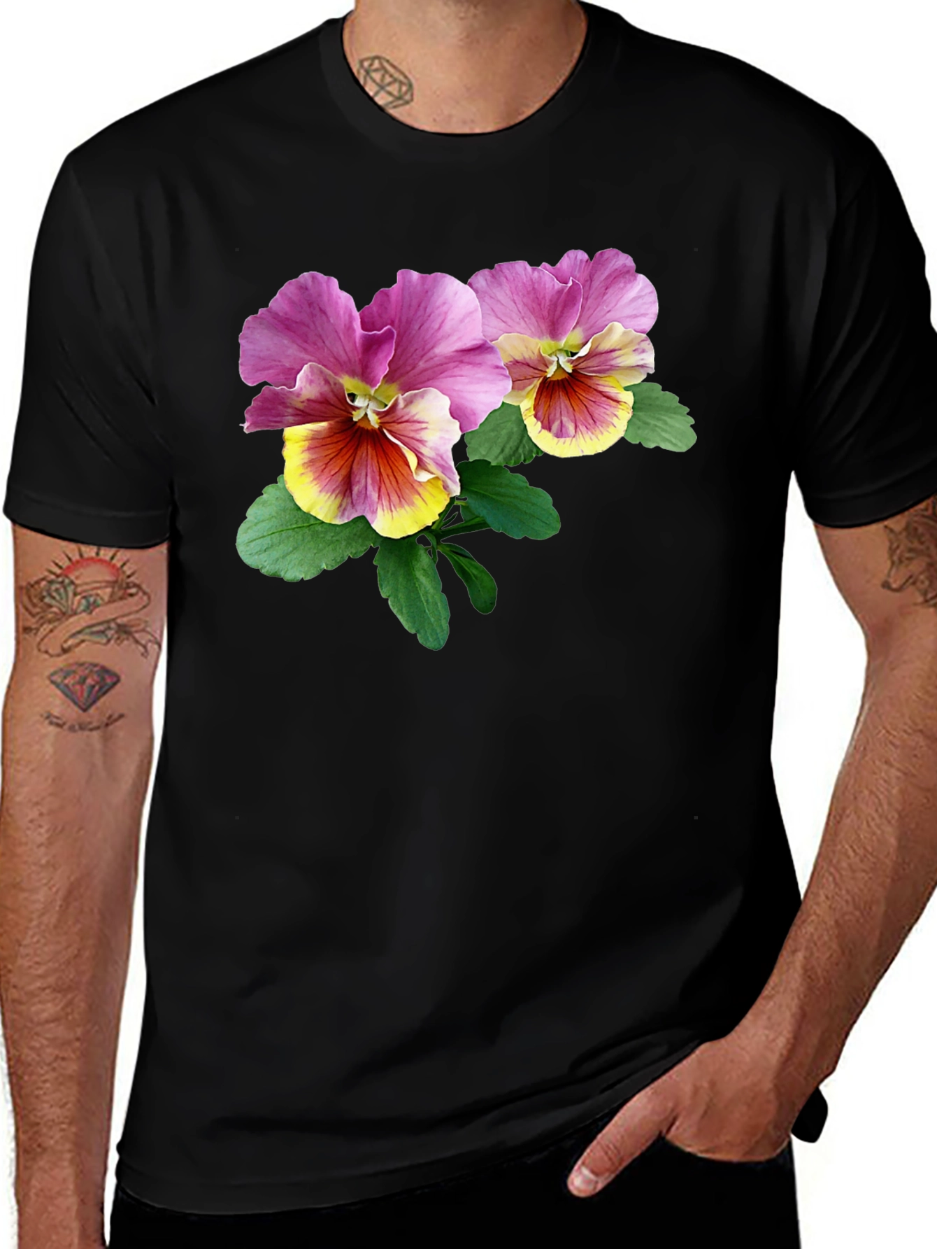 Floral Pansy Graphic Black T-Shirt