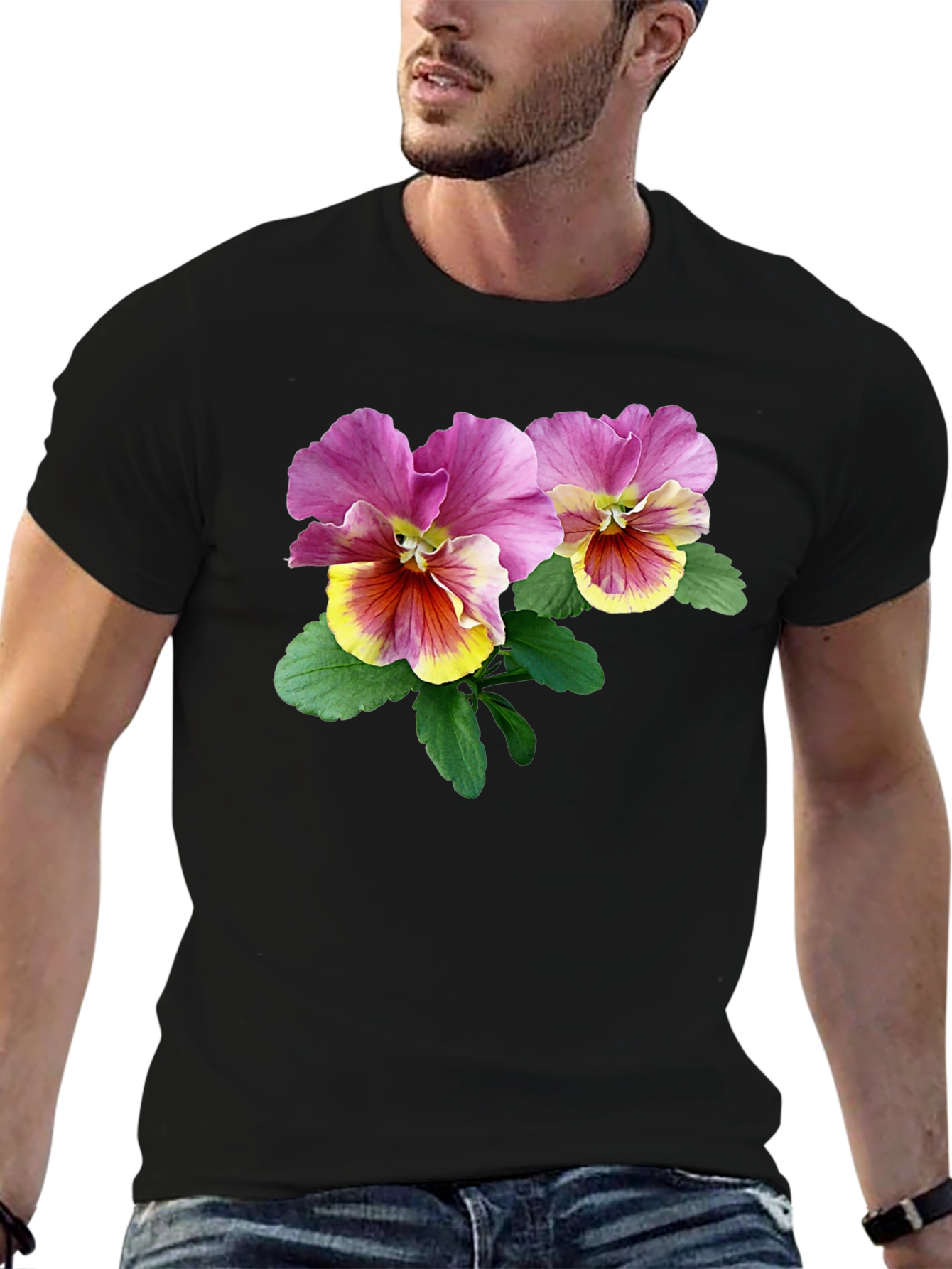 Floral Pansy Graphic Black T-Shirt
