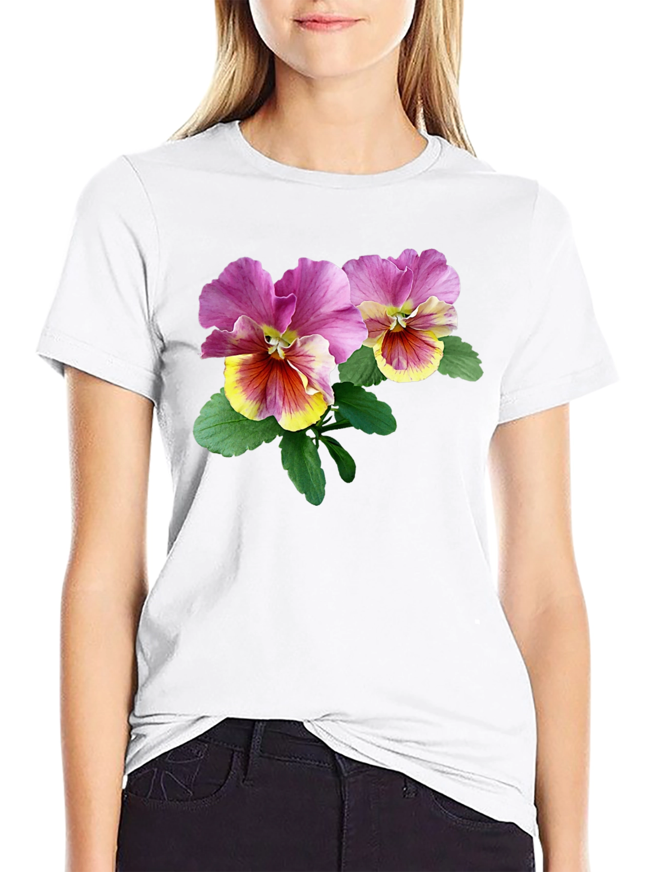 Floral Pansy Graphic Black T-Shirt