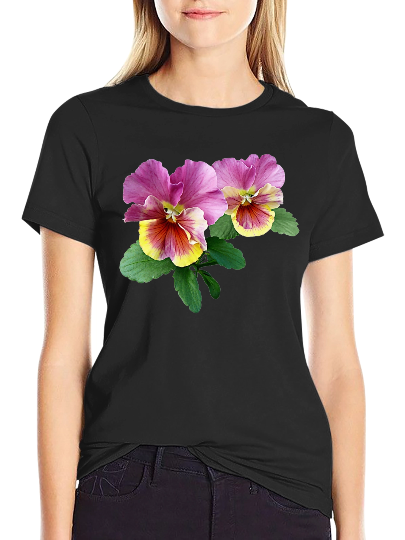 Floral Pansy Graphic Black T-Shirt