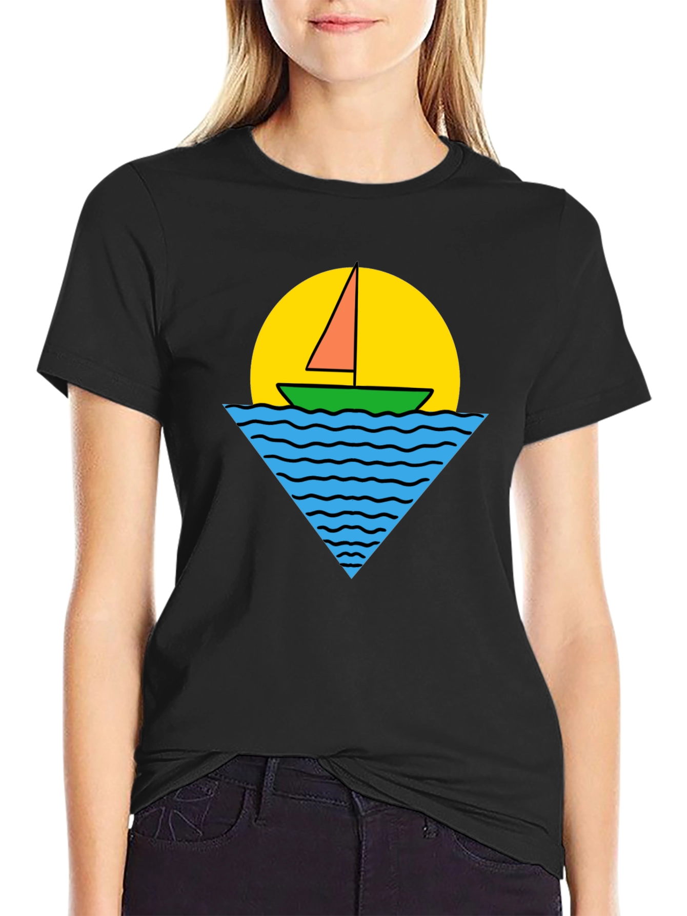 Retro Boat Graphic Tee - Black Cotton T-Shirt
