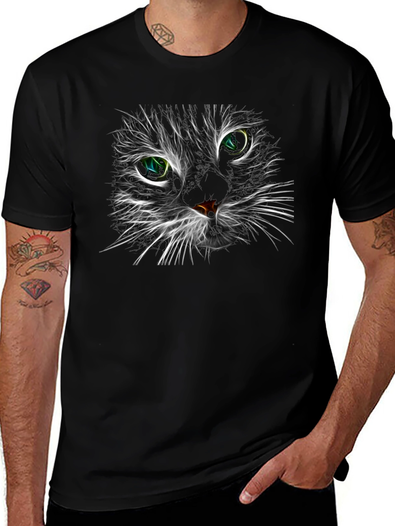 Neon Cat Face Graphic Black T-Shirt