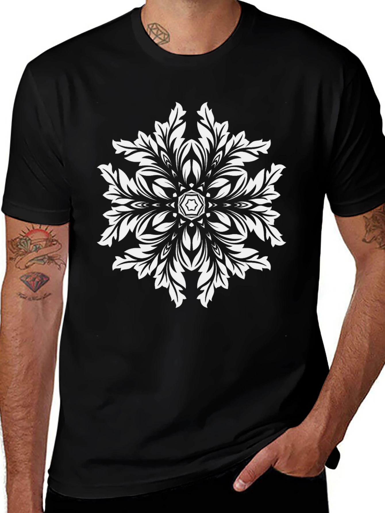 Geometric Floral Graphic Black T-Shirt