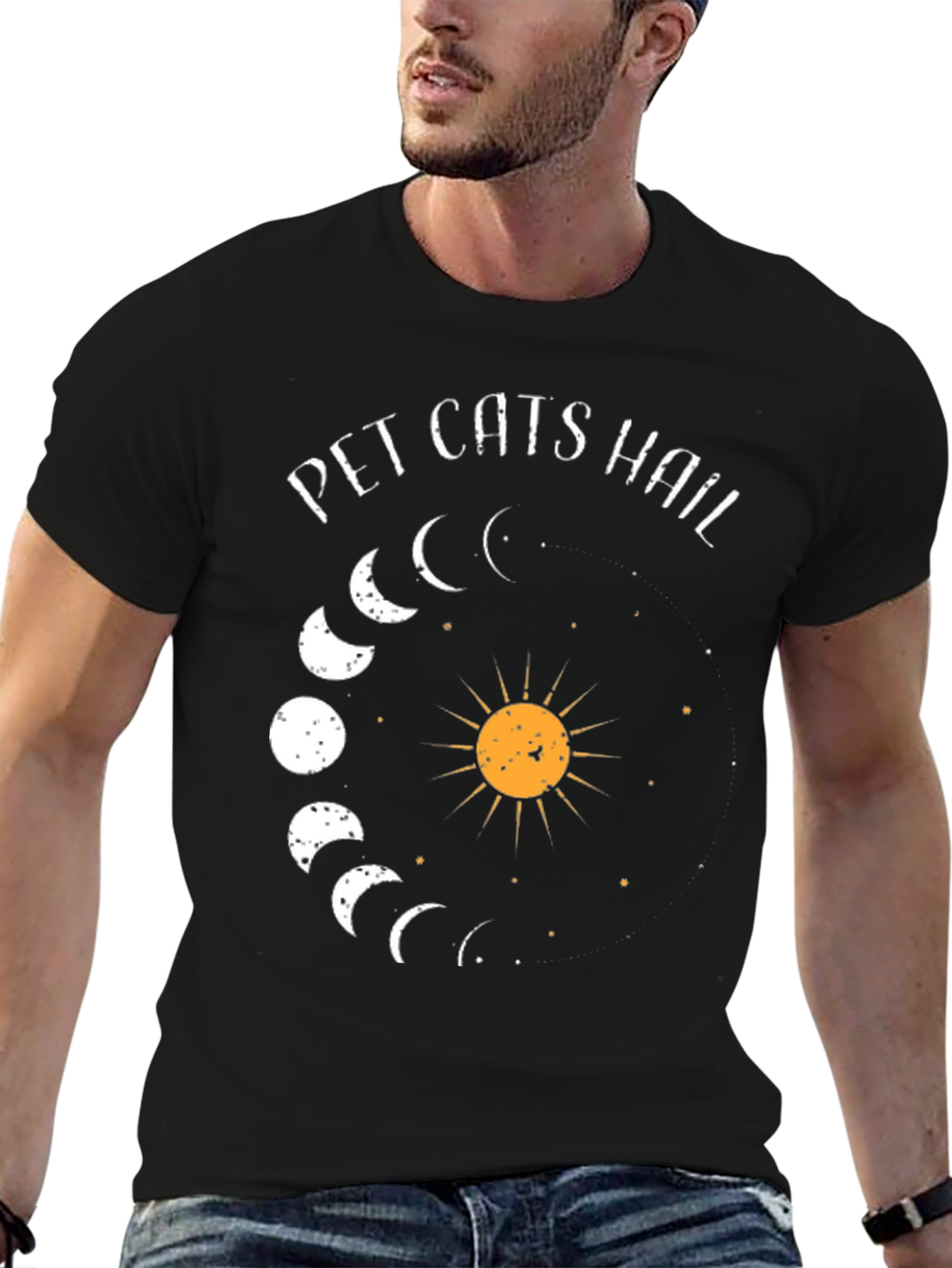 Pet Cats Hail Moon Phase Graphic Tee - Black