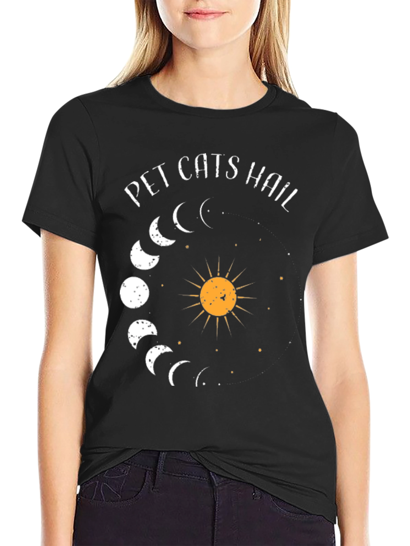 Pet Cats Hail Moon Phase Graphic Tee - Black