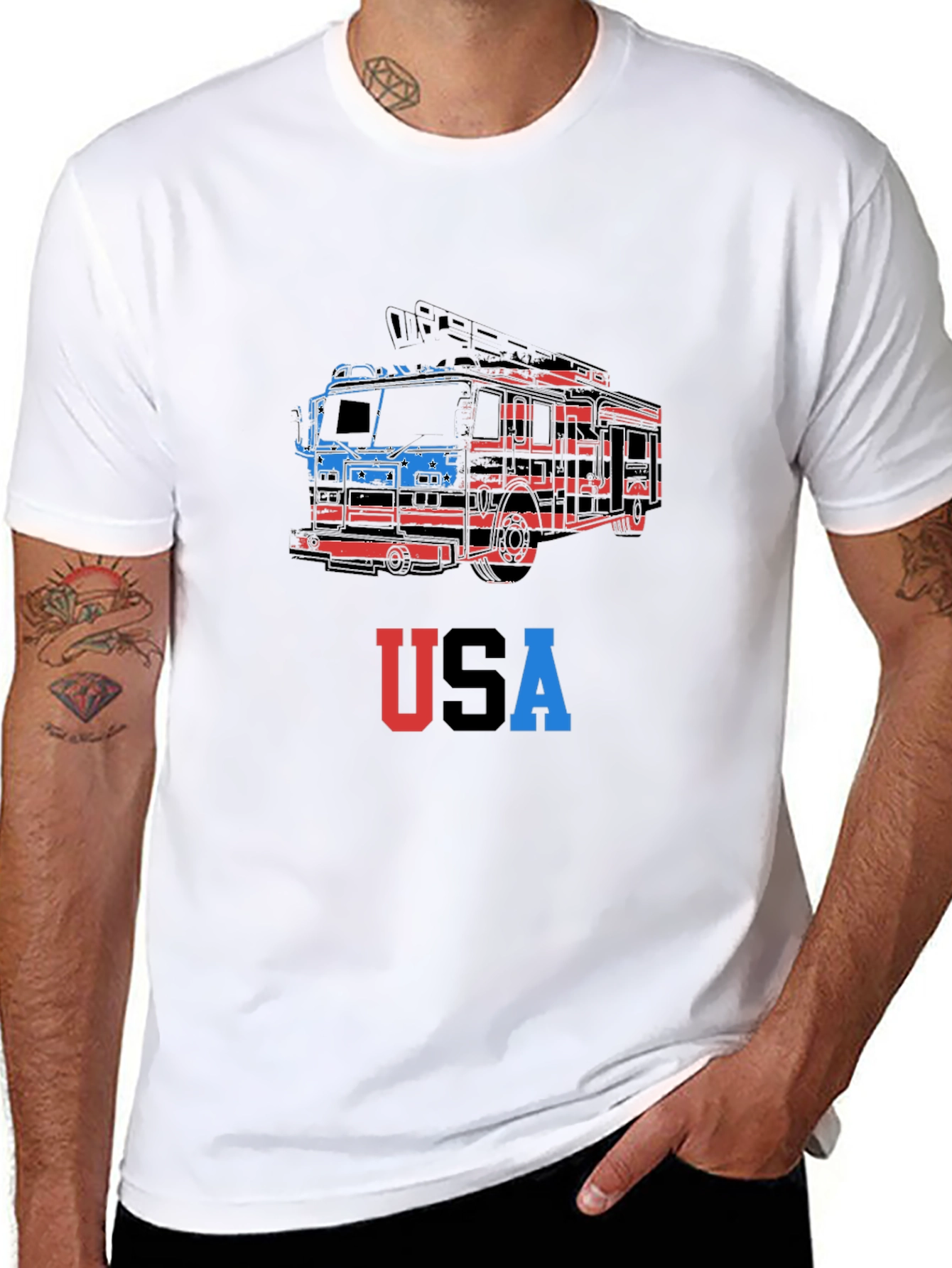 USA Firetruck Graphic Tee - Patriotic Style