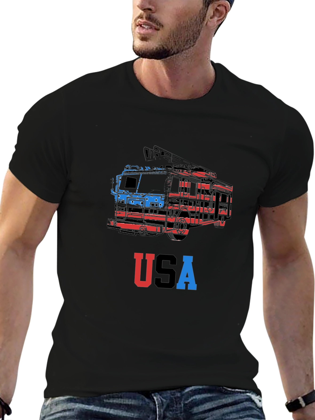 USA Firetruck Graphic Tee - Patriotic Style