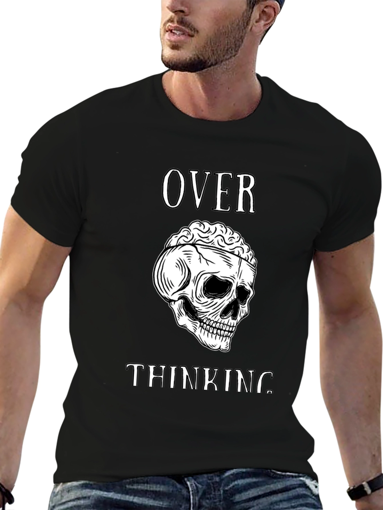 Overthinking Skull Graphic Tee - Mens Black T-Shirt