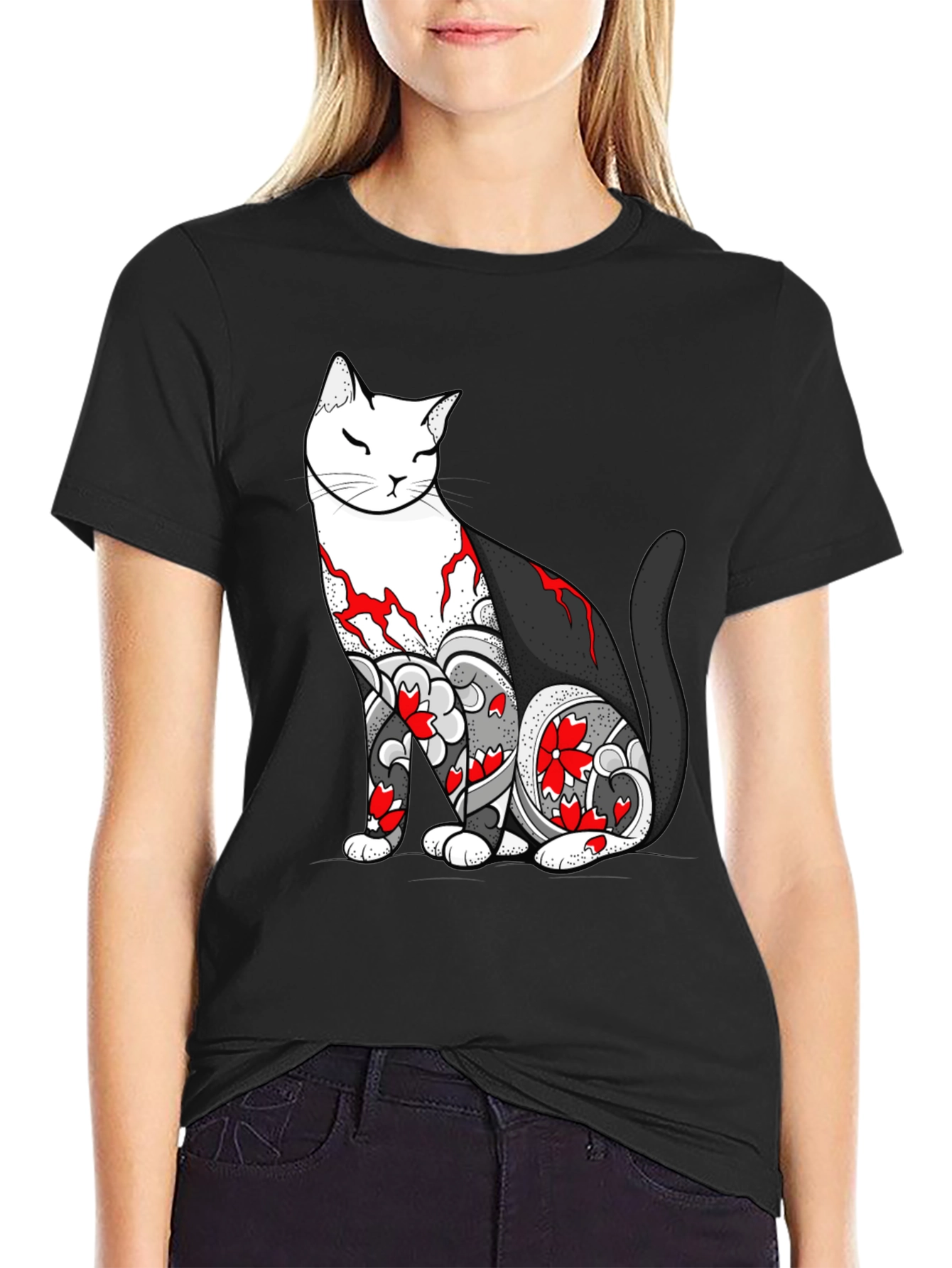 Cat Tattoo Print Black T-Shirt