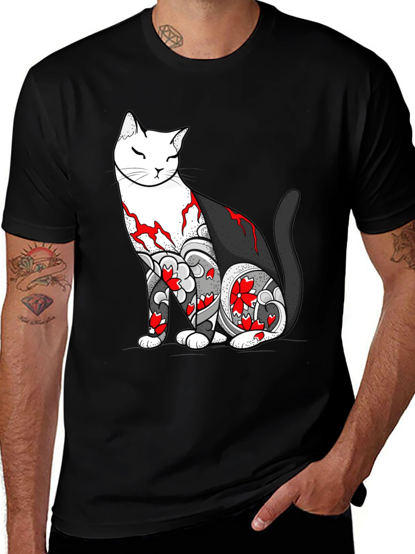 Cat Tattoo Print Black T-Shirt