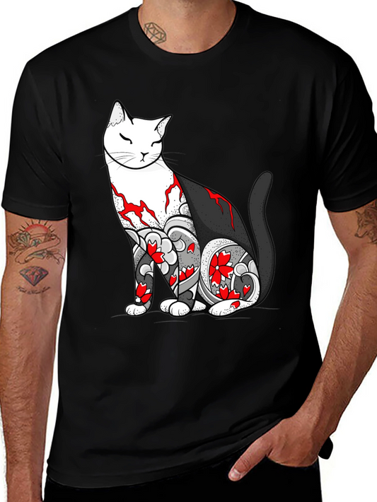 Cat Tattoo Print Black T-Shirt