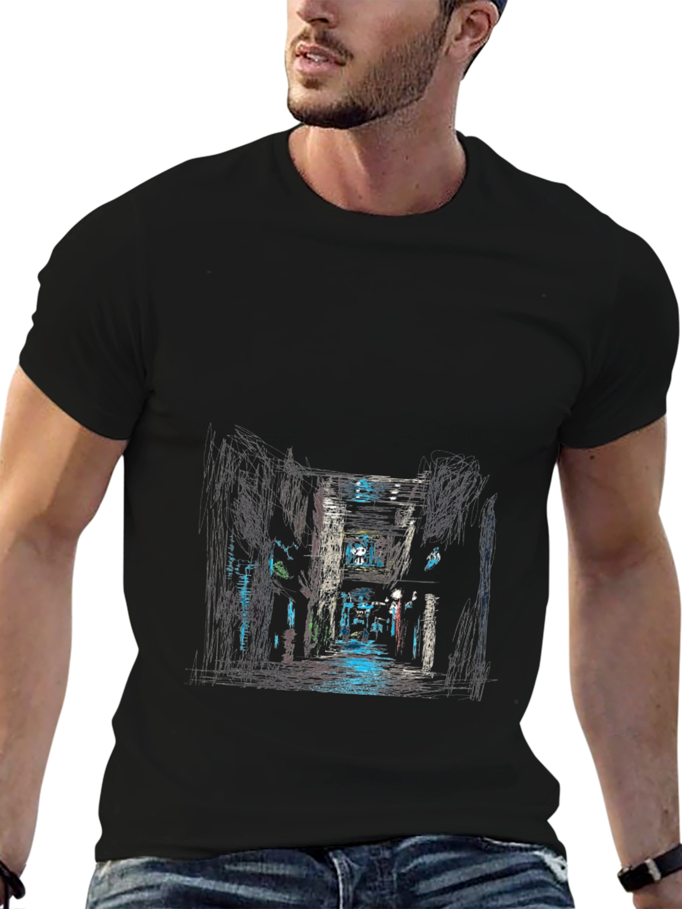 Urban Alleyway Graphic Tee - Black Cotton T-Shirt