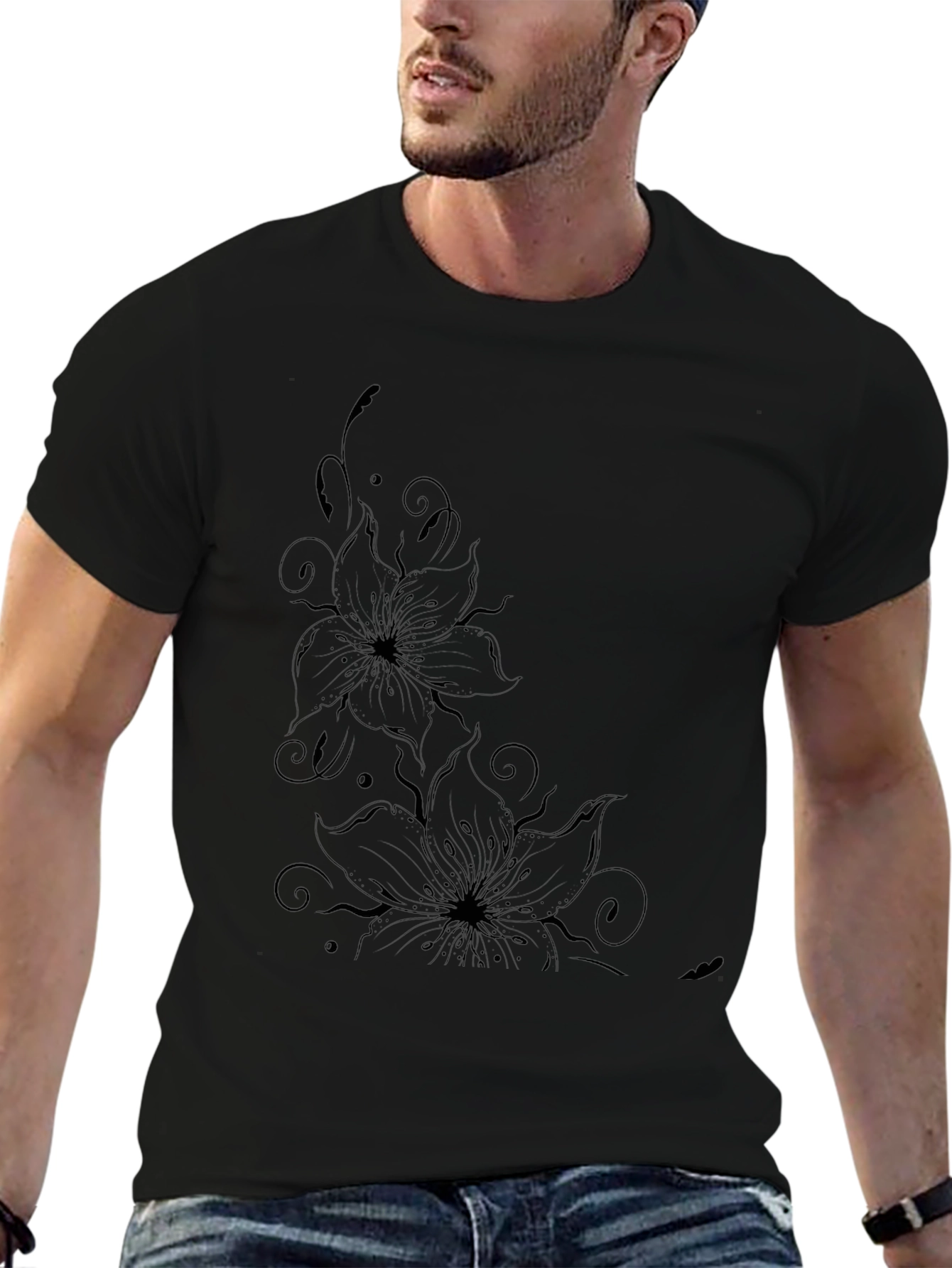 Black Floral Graphic Tee - Stylish Mens T-Shirt
