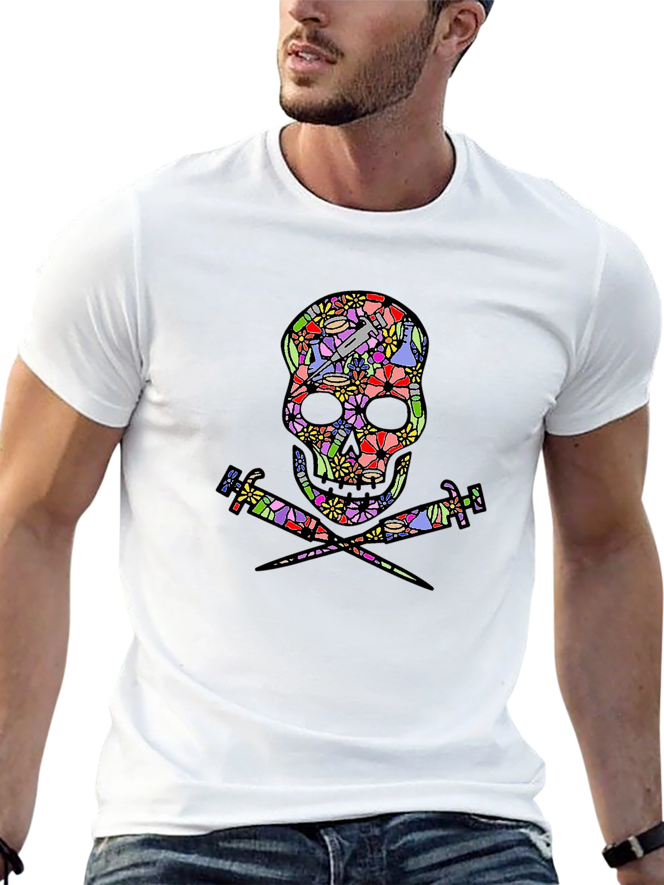 Floral Skull & Syringe T-Shirt