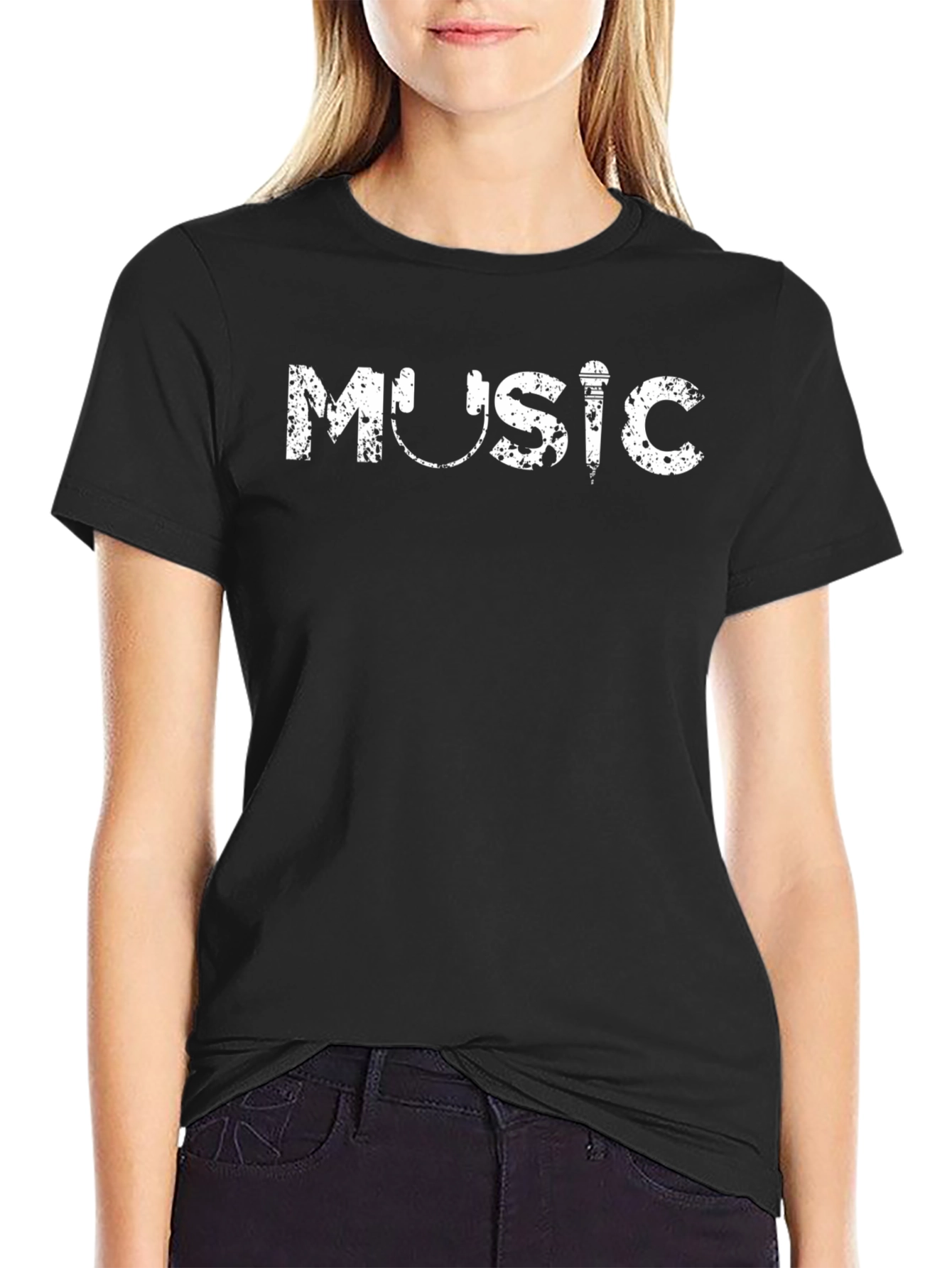 Music Graphic Tee - Black Cotton Casual Wear