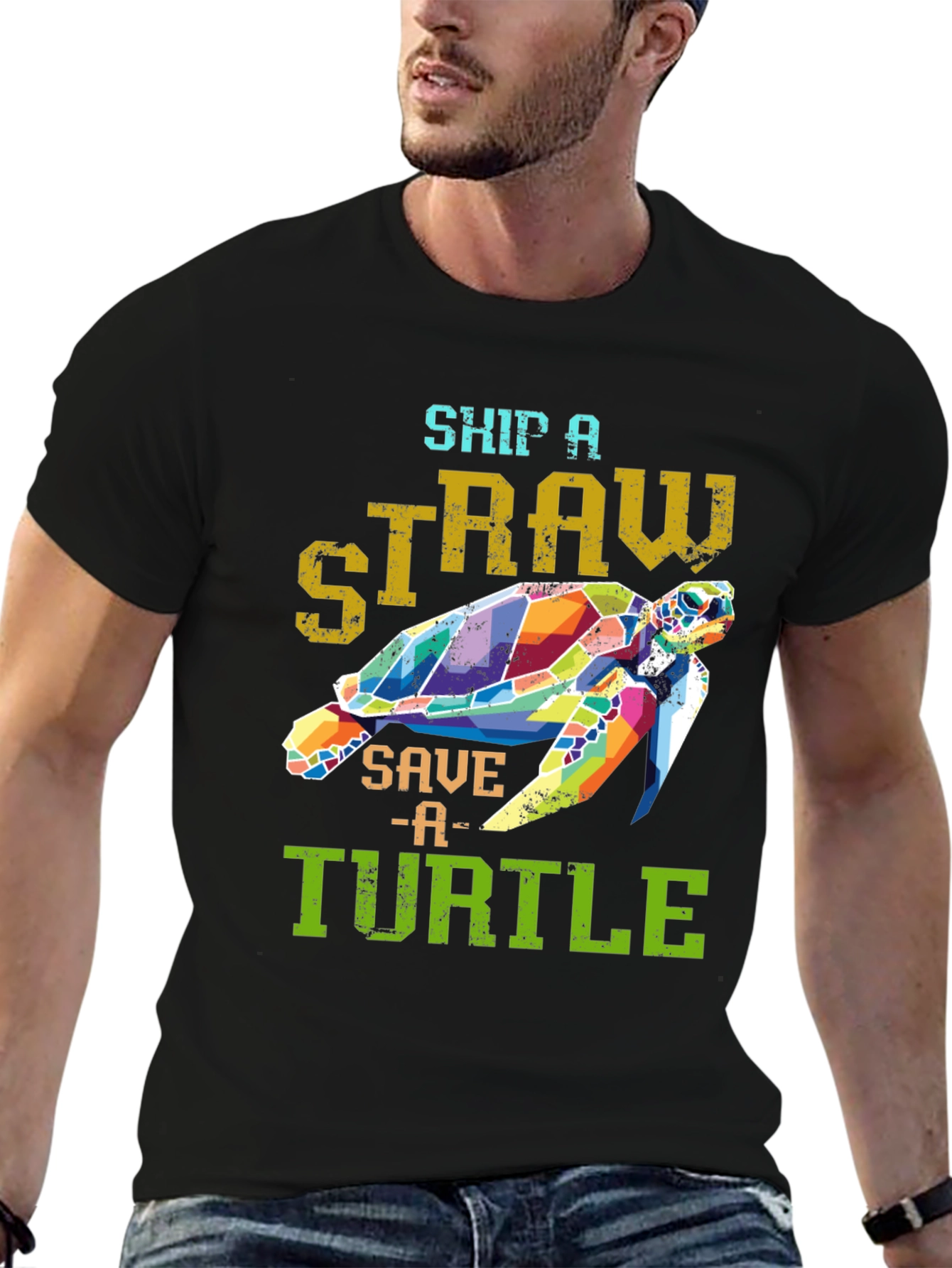 Ship a Straw Save a Turtle Black T-Shirt