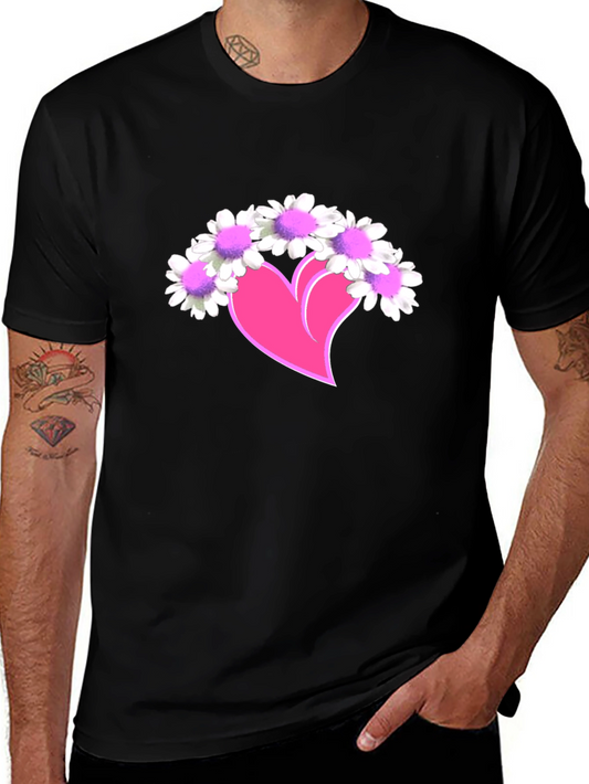 Floral Heart Graphic Tee - Soft Black Cotton T-Shirt