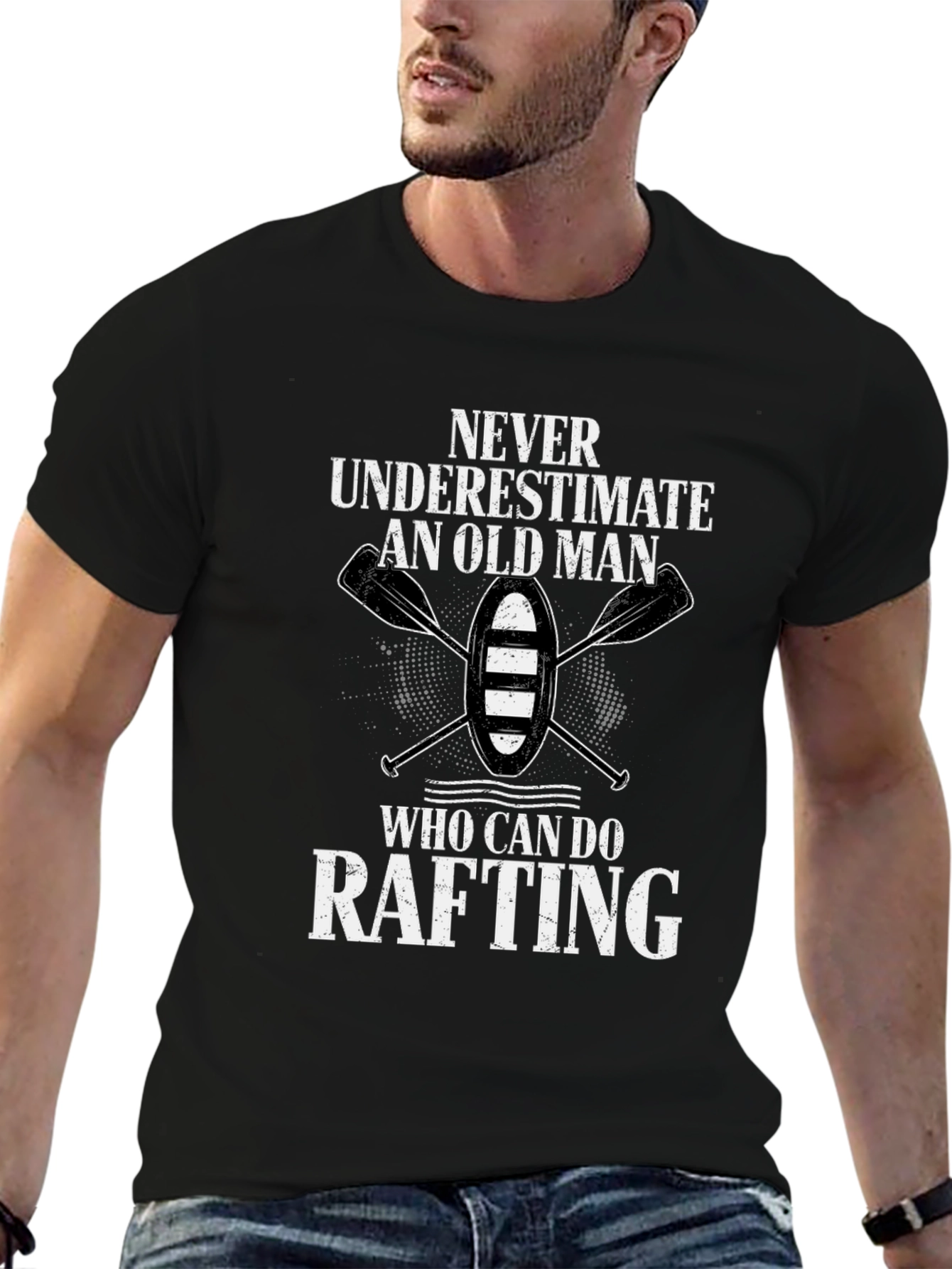 Never Underestimate Rafting Old Man Black T-Shirt