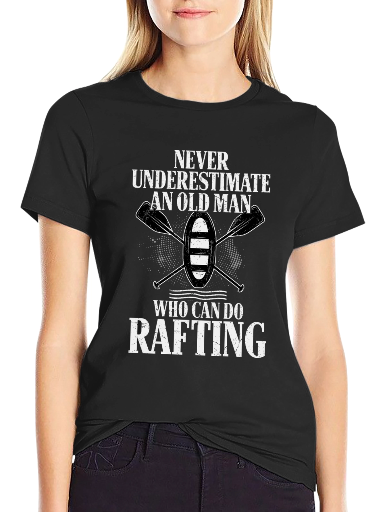 Never Underestimate Rafting Old Man Black T-Shirt