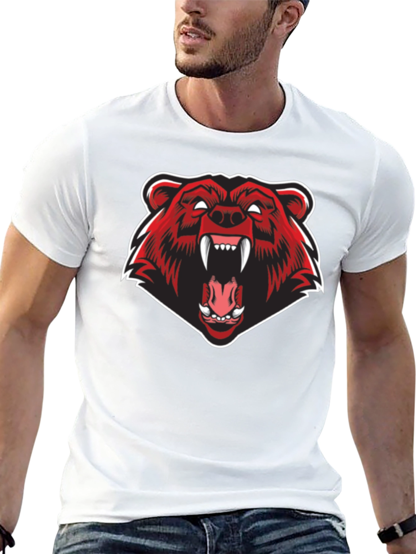 Mens Black T-Shirt - Fierce Red Bear Graphic