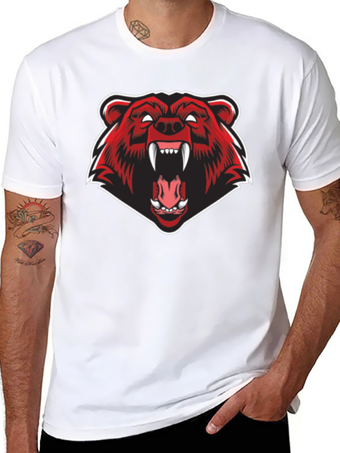 Mens Black T-Shirt - Fierce Red Bear Graphic