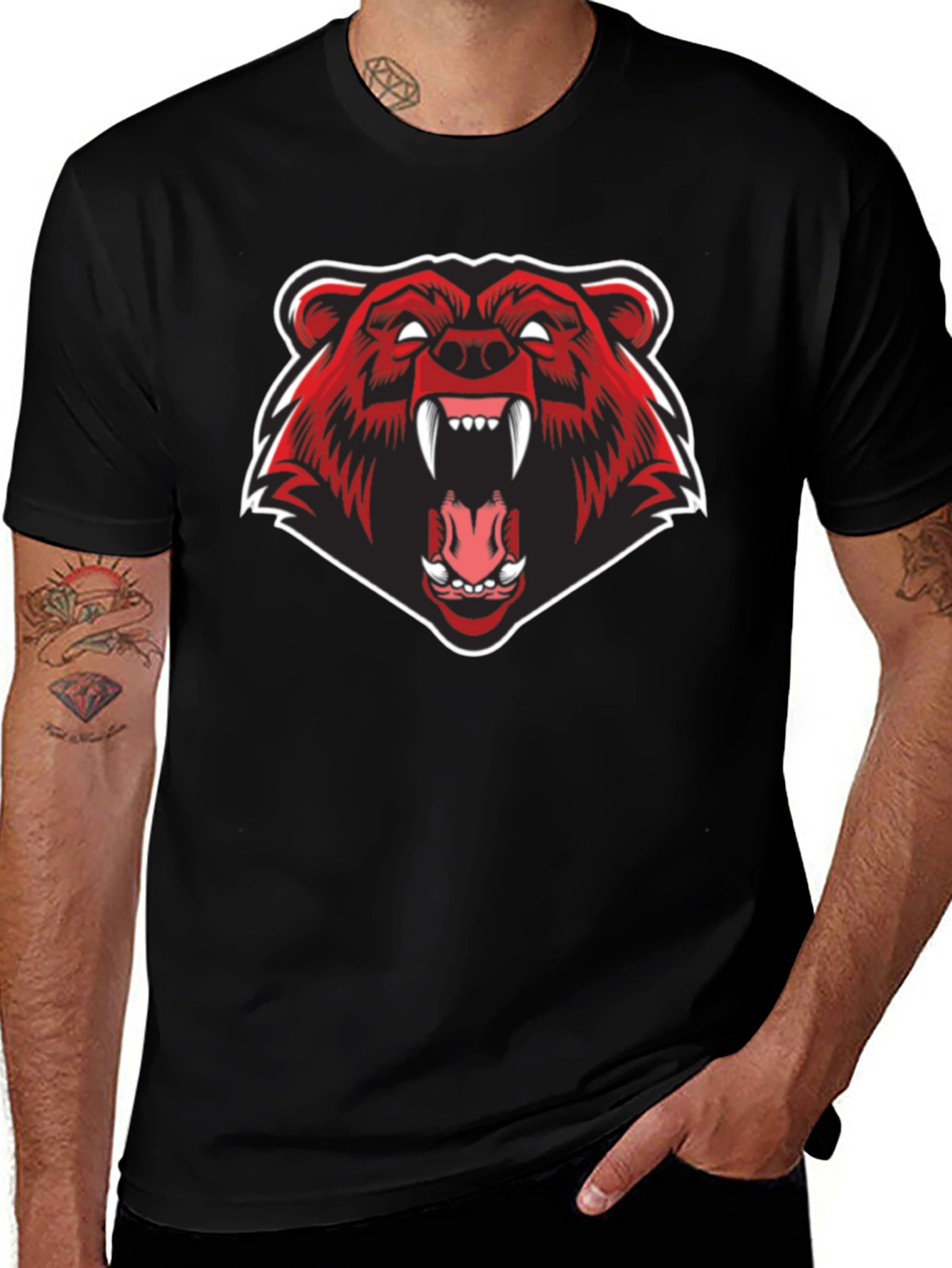 Mens Black T-Shirt - Fierce Red Bear Graphic