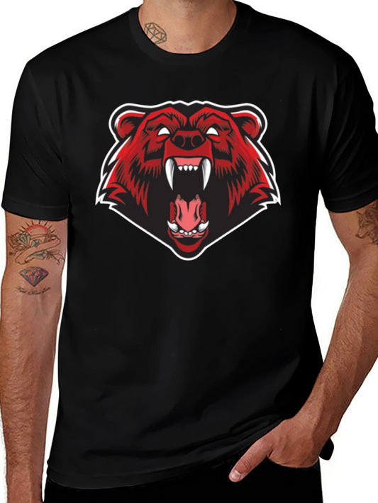 Mens Black T-Shirt - Fierce Red Bear Graphic