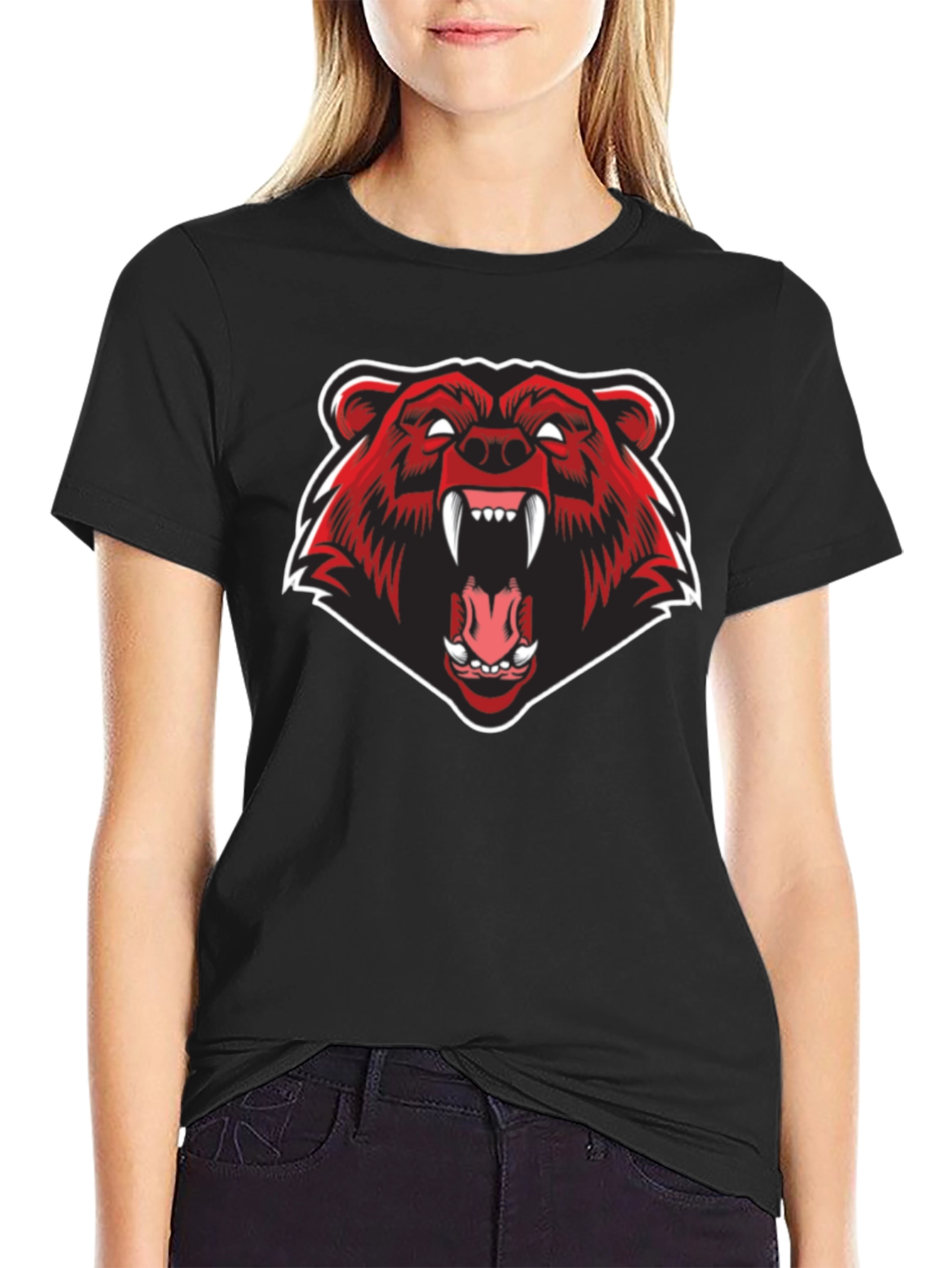Mens Black T-Shirt - Fierce Red Bear Graphic