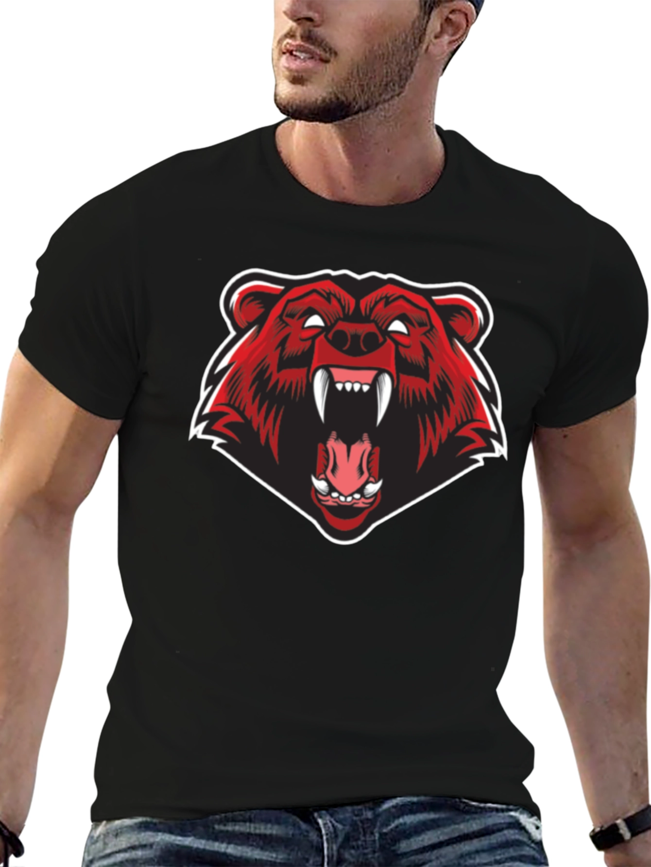 Mens Black T-Shirt - Fierce Red Bear Graphic