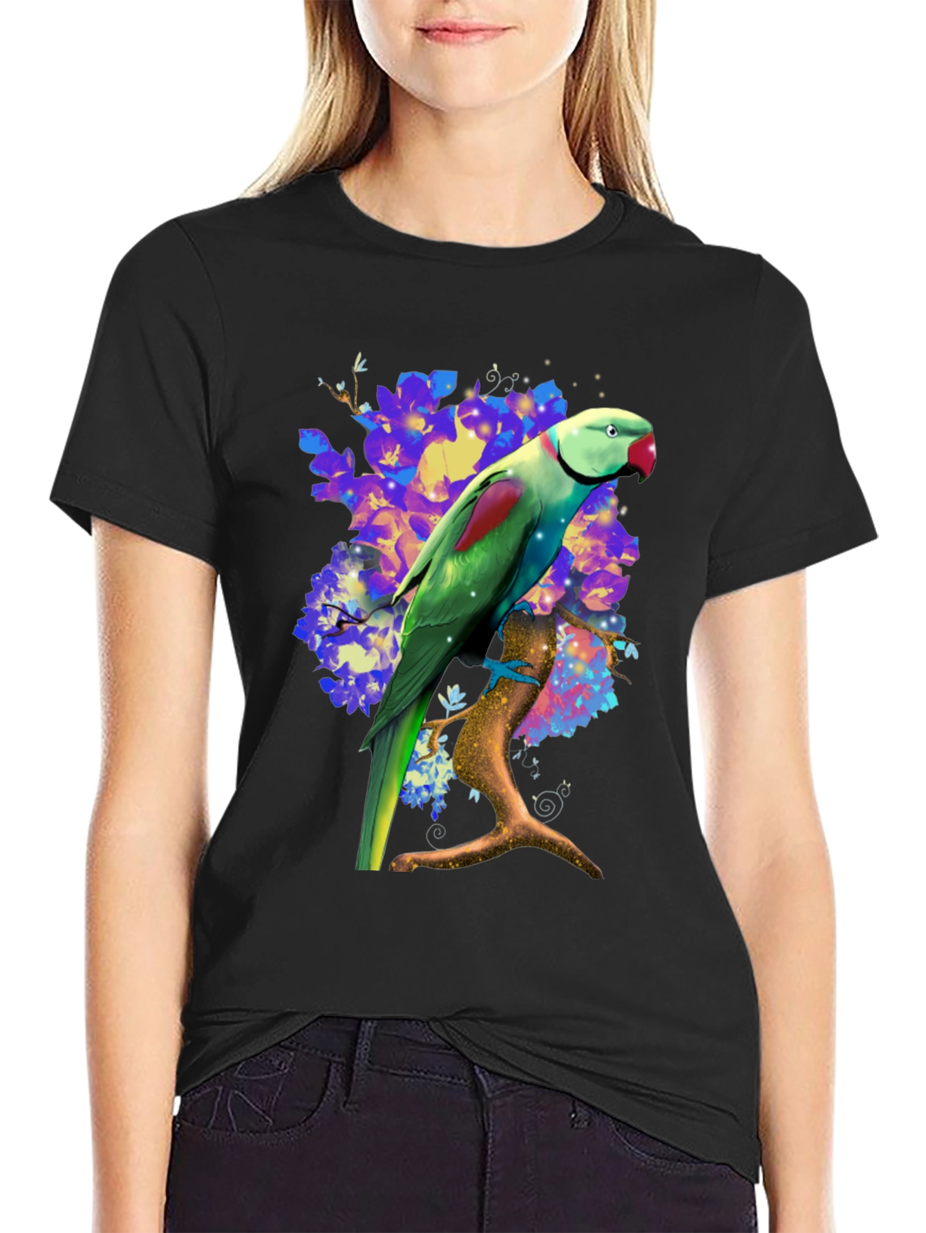 Parrot Graphic T-Shirt - Vibrant Bird on Branch Design