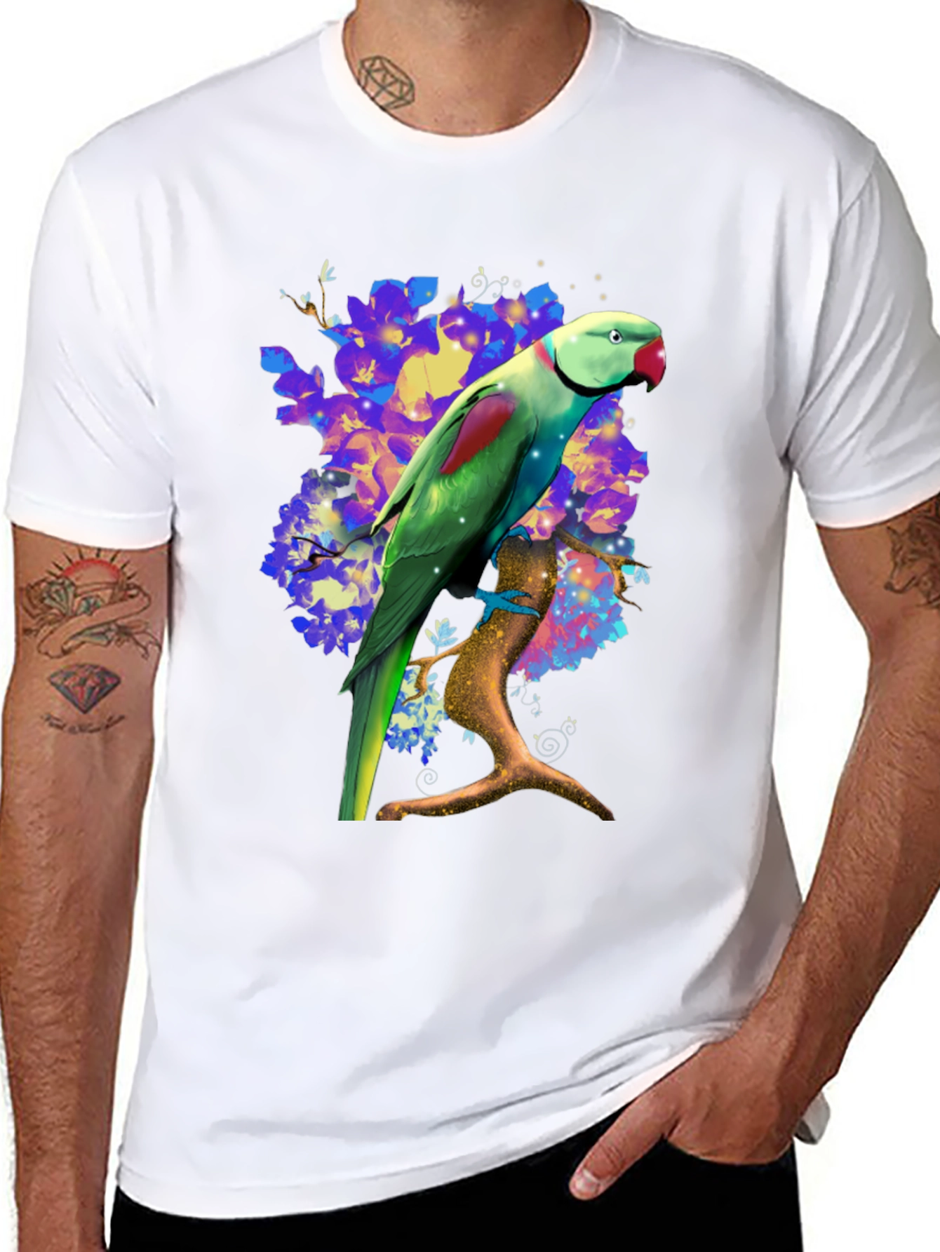 Parrot Graphic T-Shirt - Vibrant Bird on Branch Design