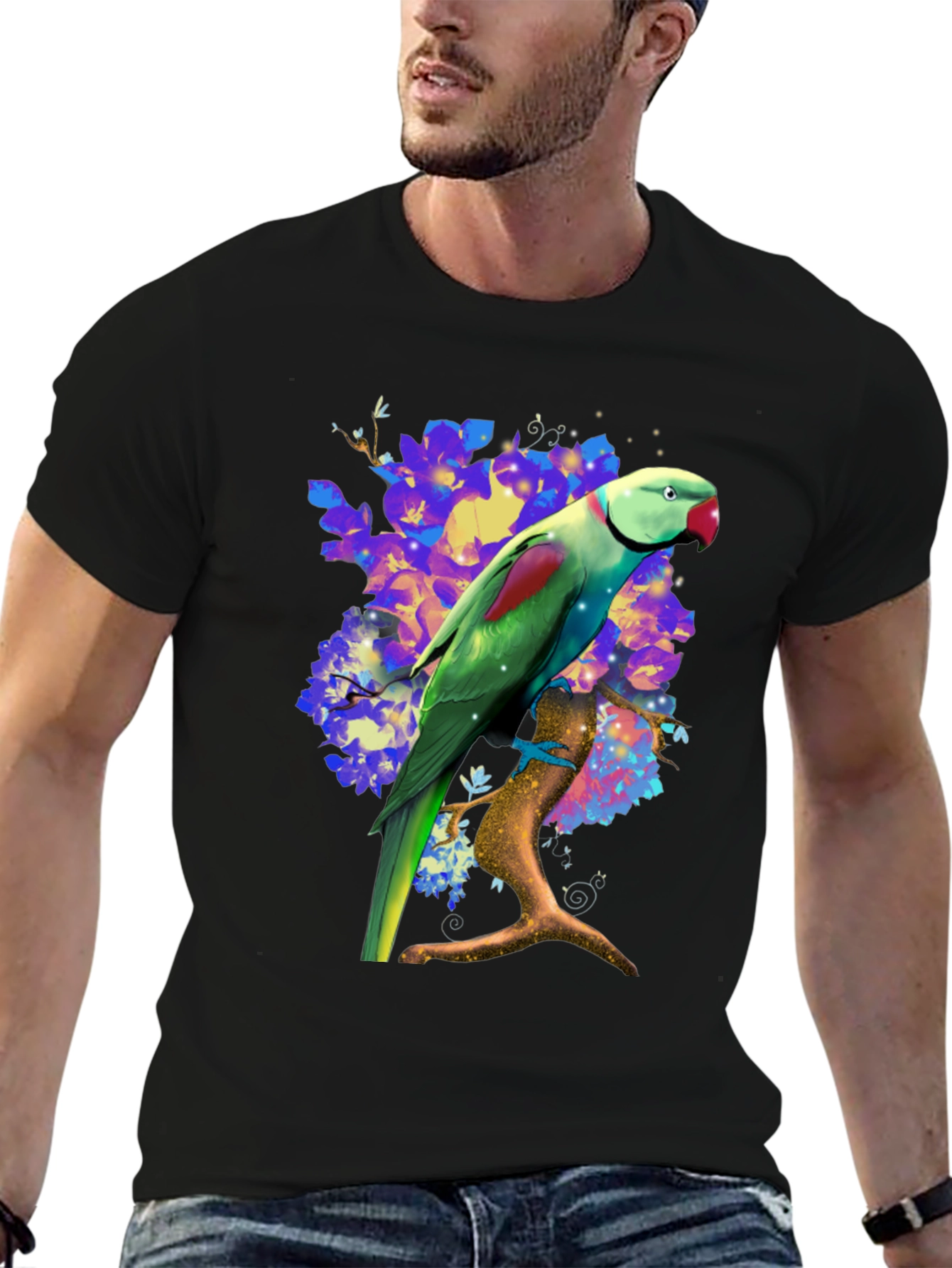 Parrot Graphic T-Shirt - Vibrant Bird on Branch Design