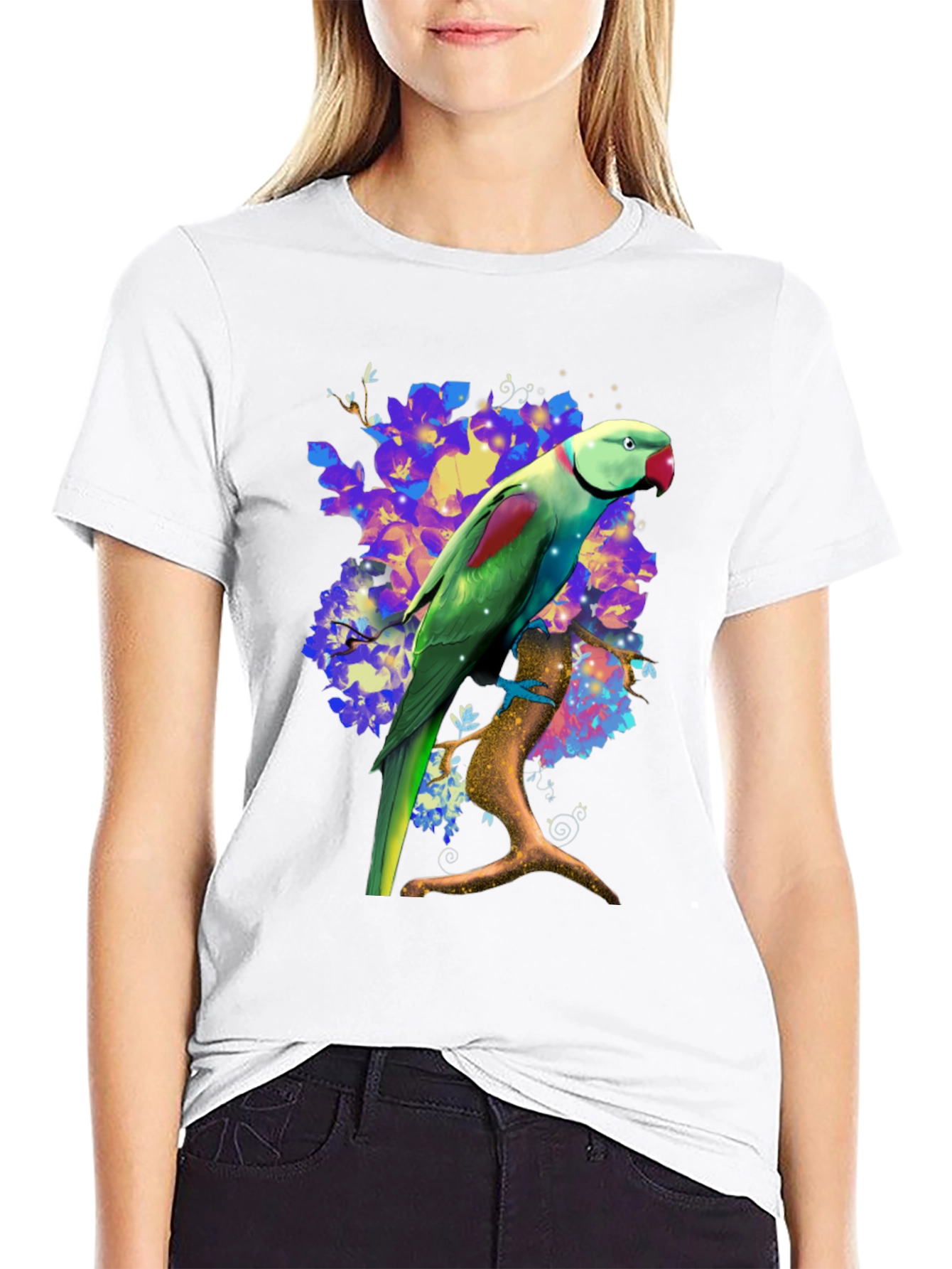 Parrot Graphic T-Shirt - Vibrant Bird on Branch Design
