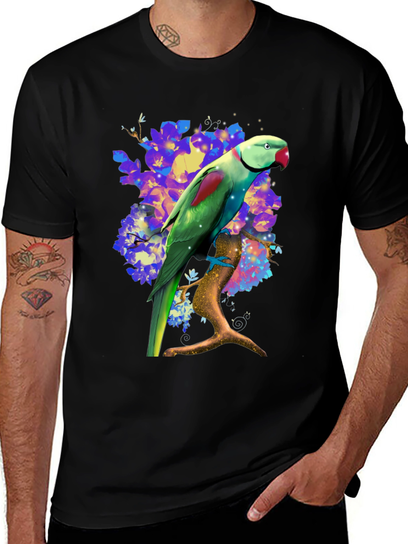 Parrot Graphic T-Shirt - Vibrant Bird on Branch Design