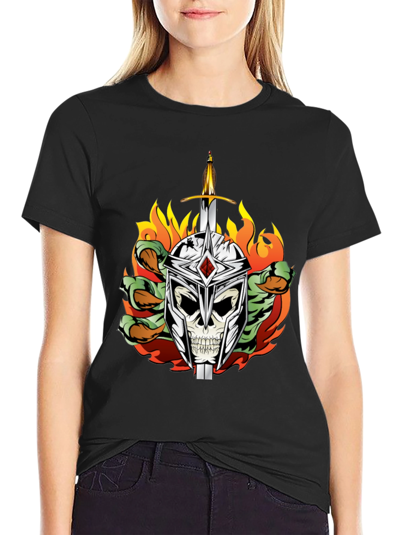 Skull Knight Sword Flames Graphic Tee