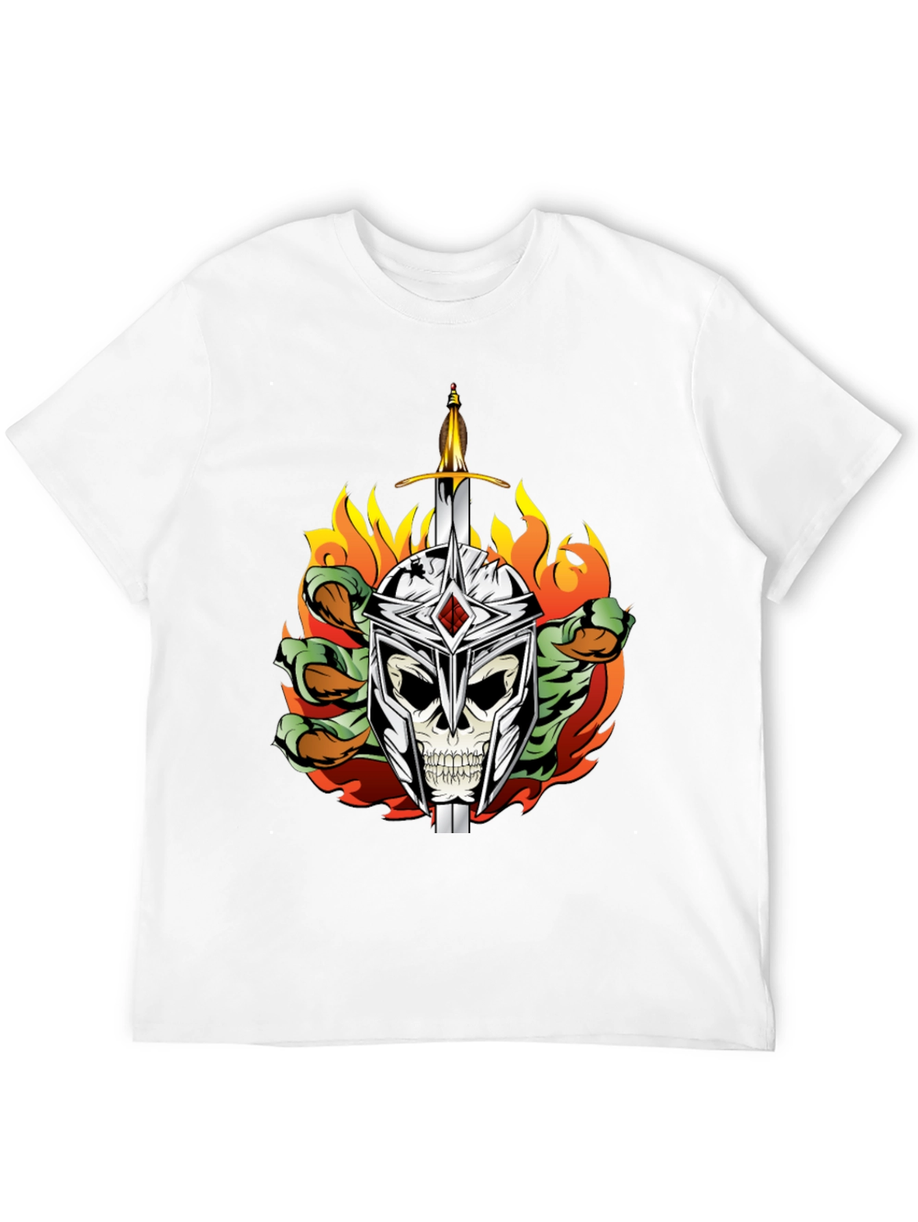 Skull Knight Sword Flames Graphic Tee