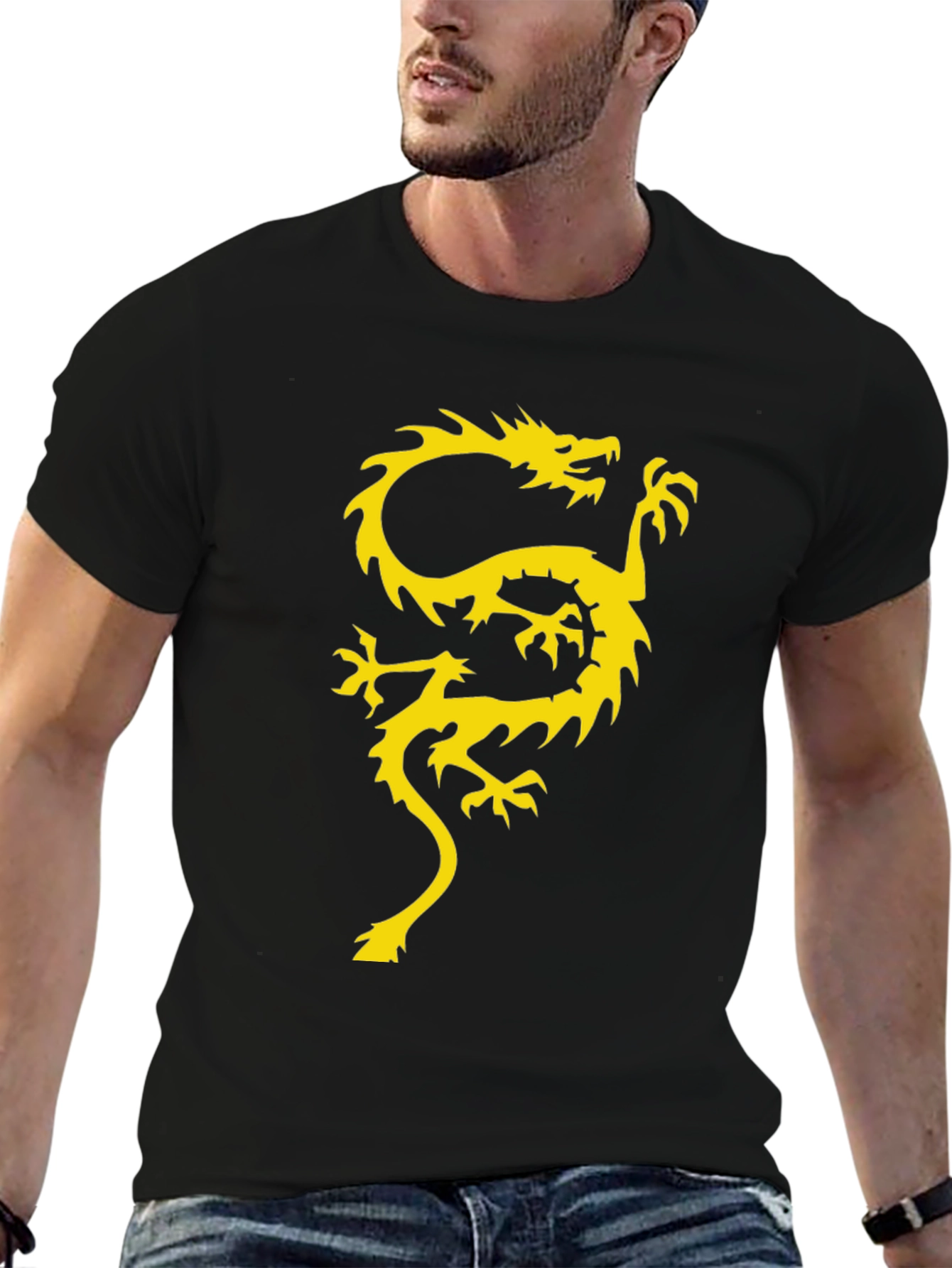 Black T-Shirt with Gold Dragon Graphic