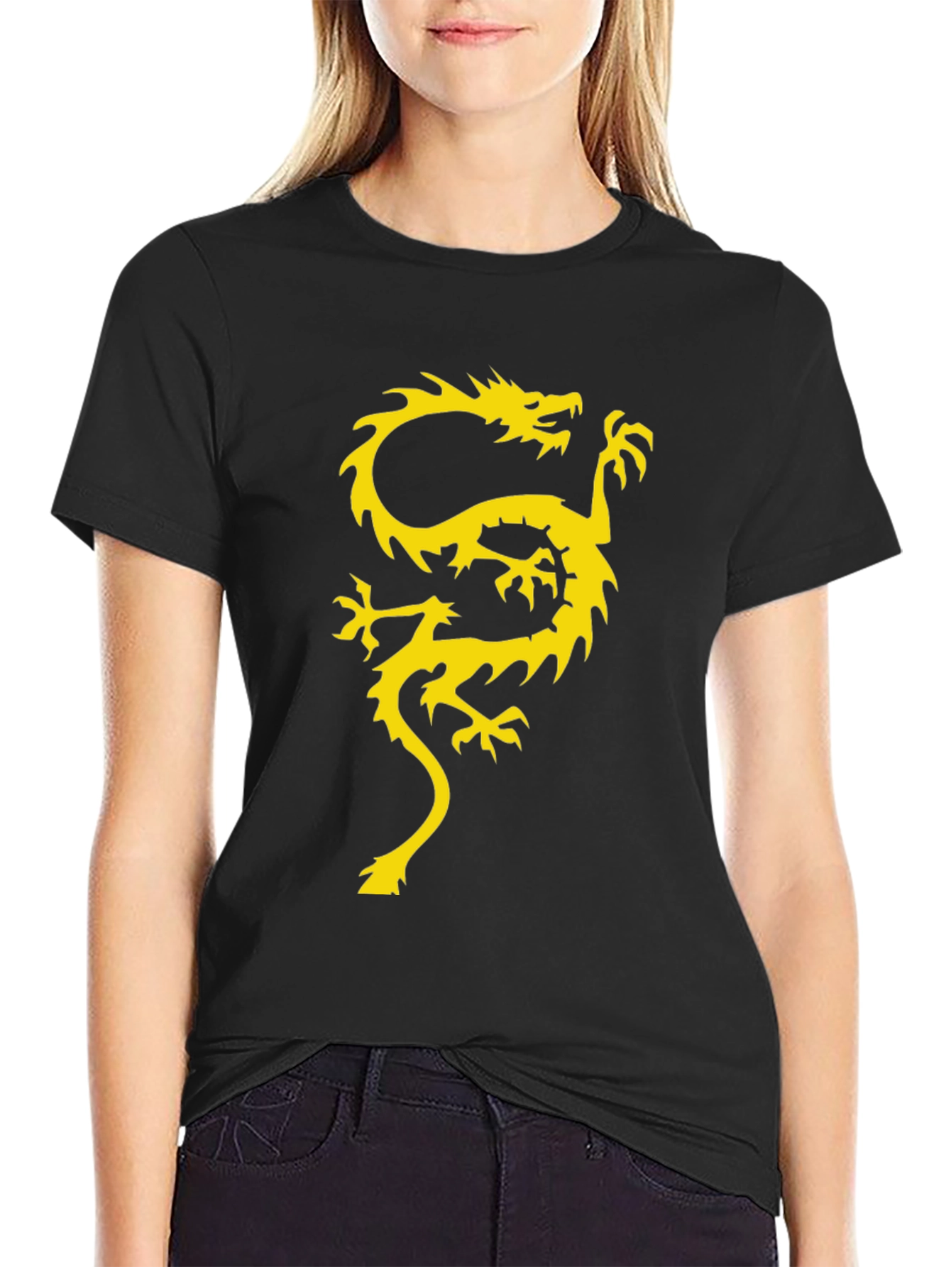 Black T-Shirt with Gold Dragon Graphic