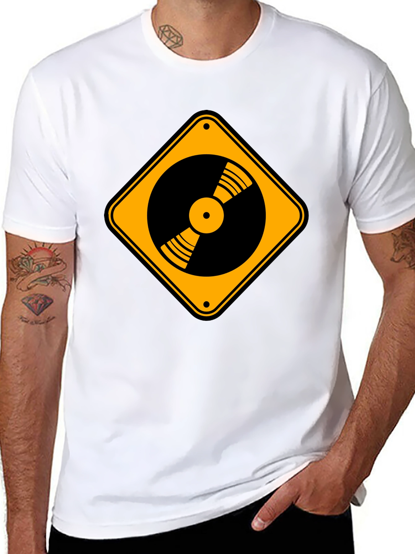 Vinyl Record Caution Sign Black T-Shirt