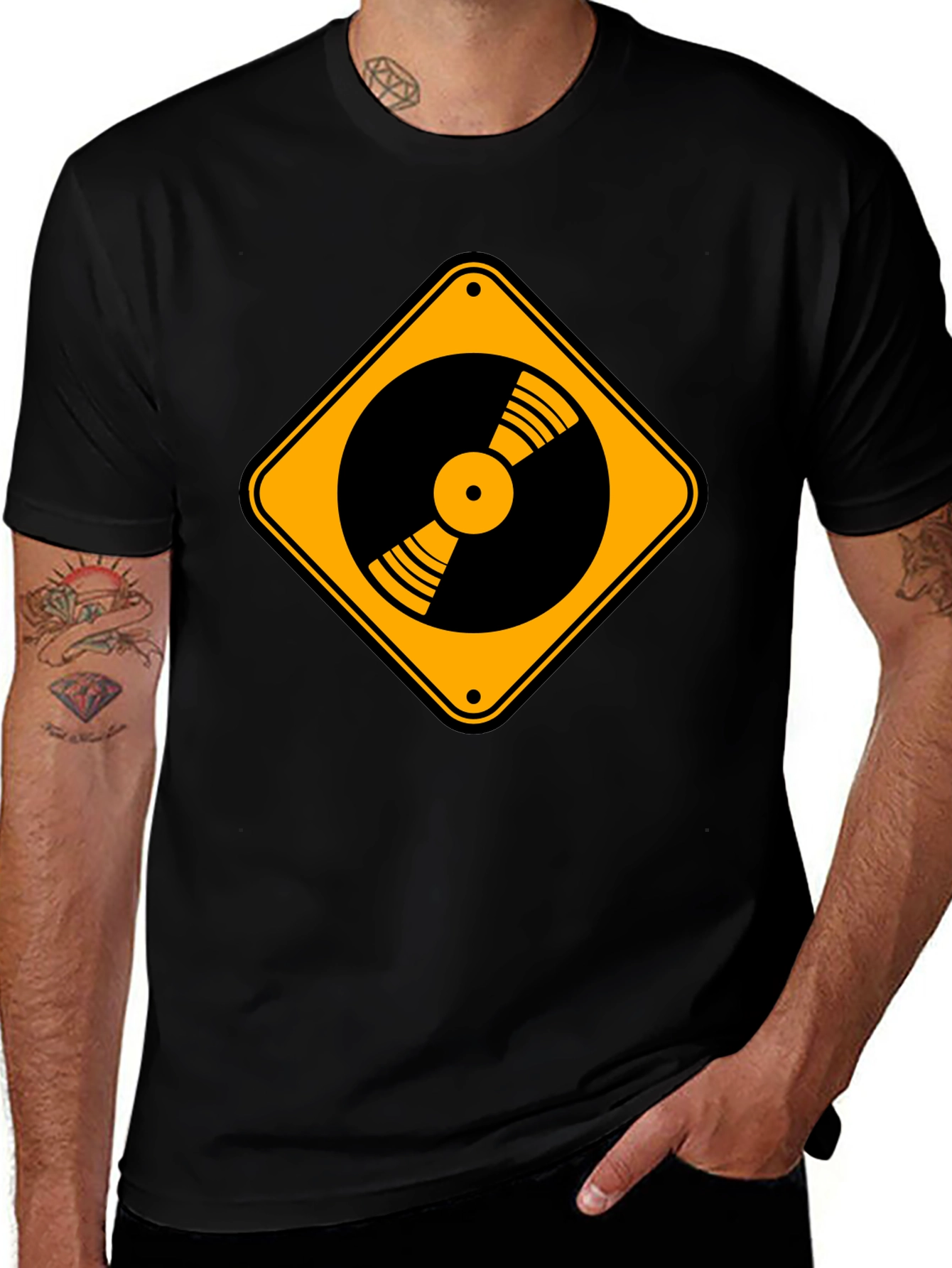 Vinyl Record Caution Sign Black T-Shirt