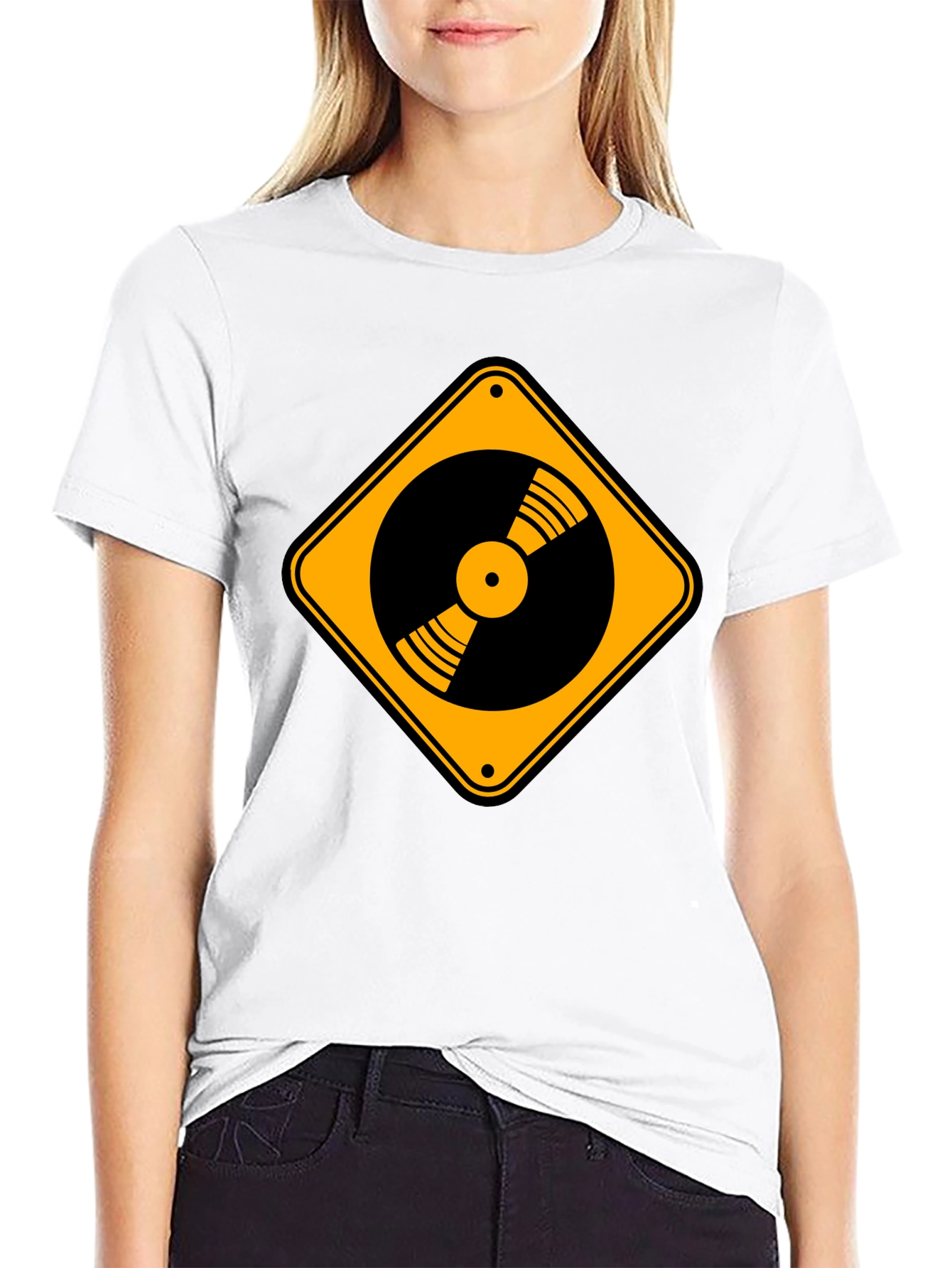 Vinyl Record Caution Sign Black T-Shirt