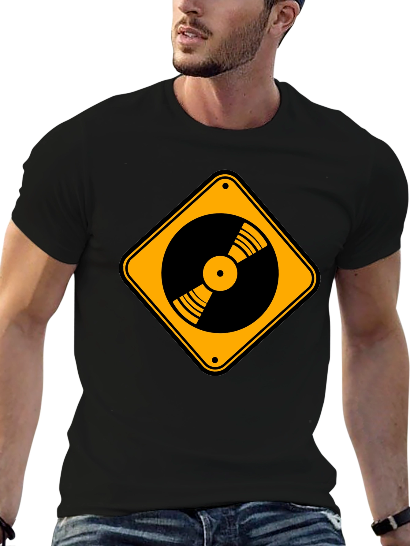 Vinyl Record Caution Sign Black T-Shirt