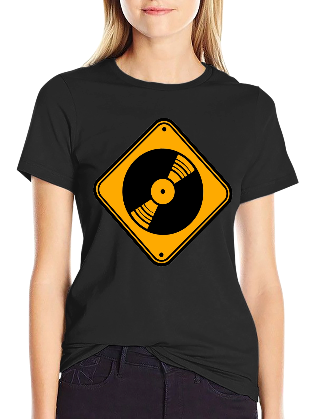 Vinyl Record Caution Sign Black T-Shirt